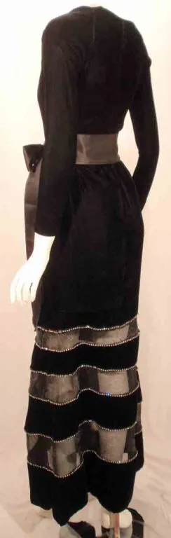 GIVENCHY Black Velvet Gown w/ Horsehair, Rhinestone & Trim