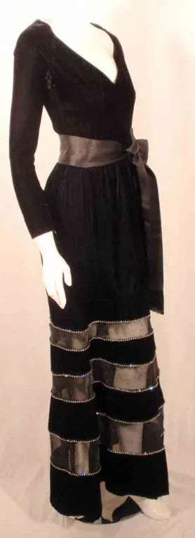 GIVENCHY Black Velvet Gown w/ Horsehair, Rhinestone & Trim