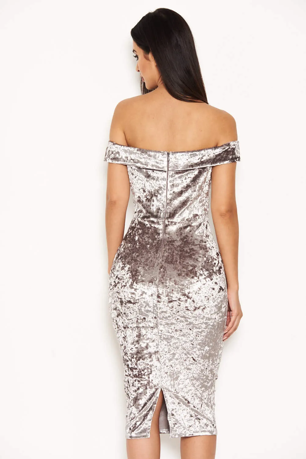 Grey Velvet Off The Shoulder Bardot Dress