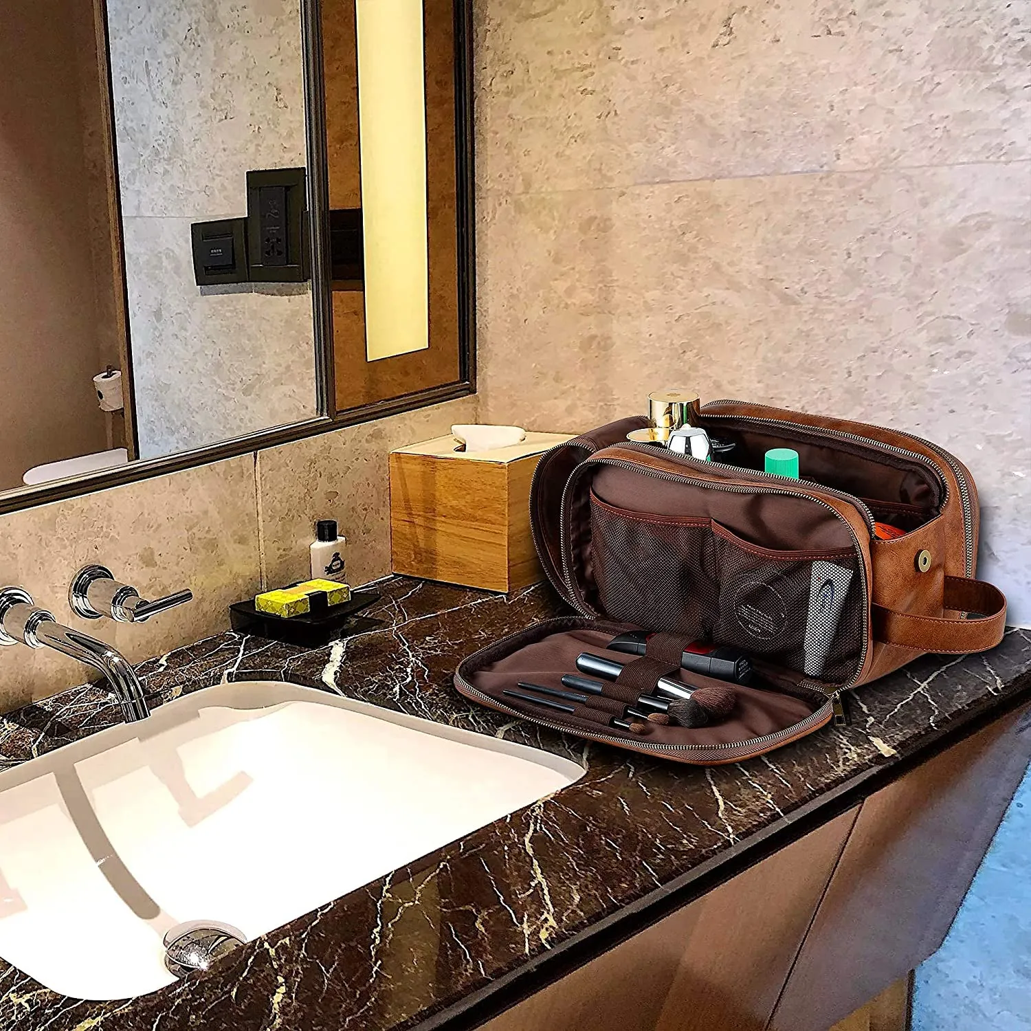 Groomsmen Gift, Waterproof PU Leather Toiletry Bag, Vegan Leather Dopp Kit, Water-Resistant Bathroom Toiletries Organizer, Christmas Gift