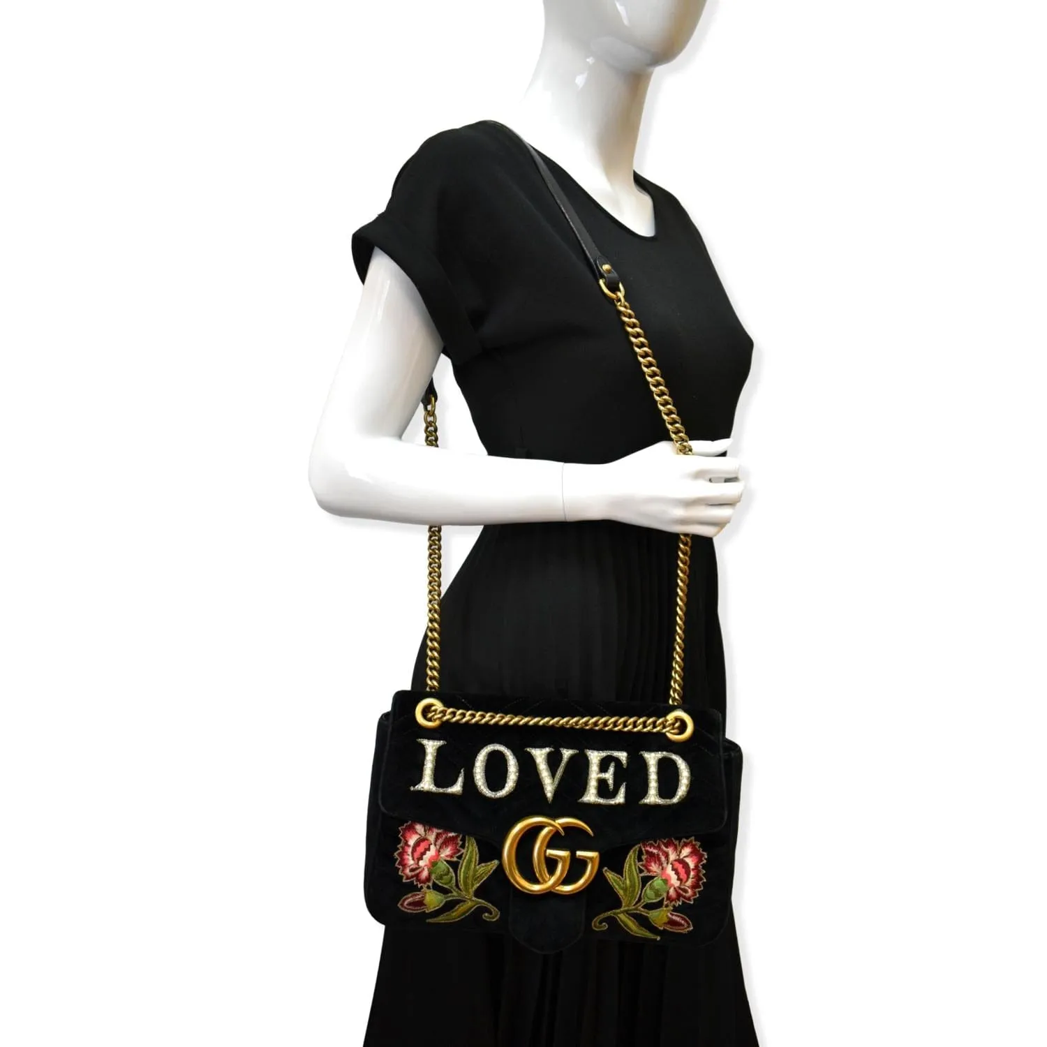 GUCCI Blind For Love Marmont Embroidered Velvet Shoulder Bag Black 443496