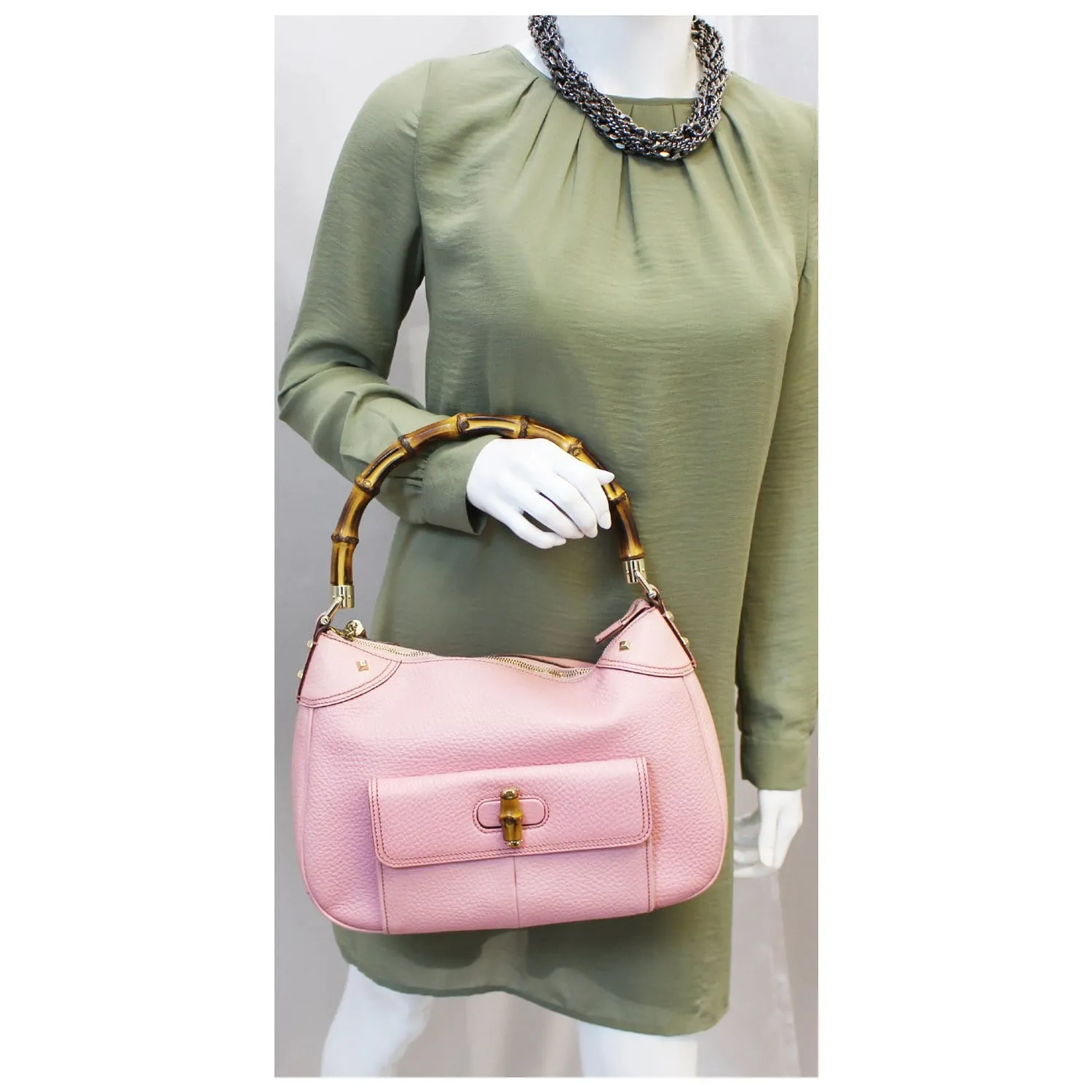 GUCCI Calfskin Bamboo Top Handle Bag Pink