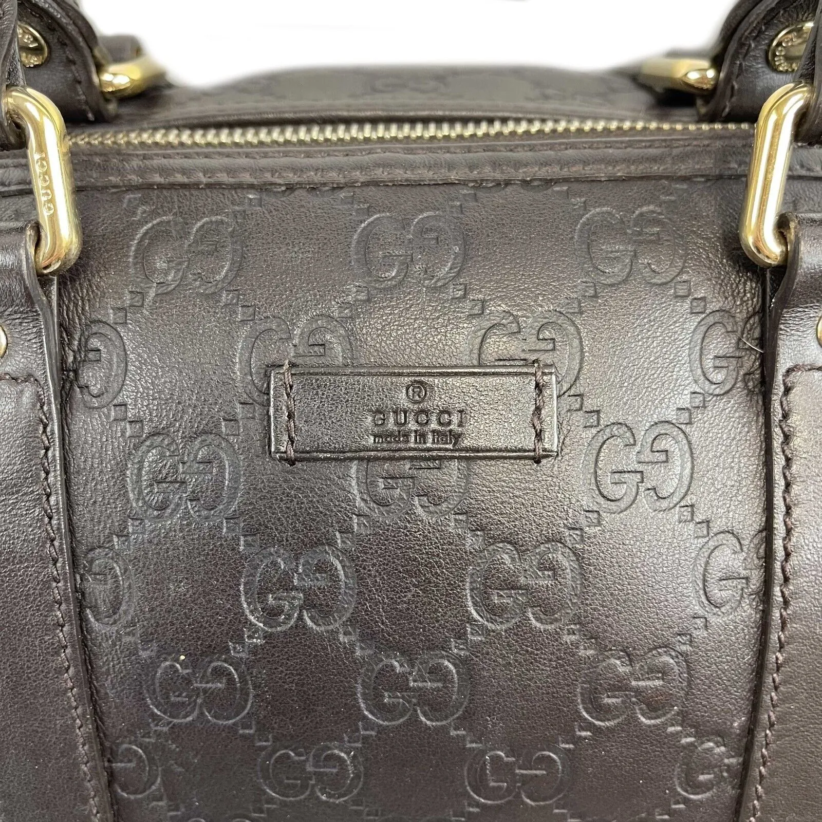 Gucci - Embossed Leather Monogram Speedy Medium Brown Top Handle Bag