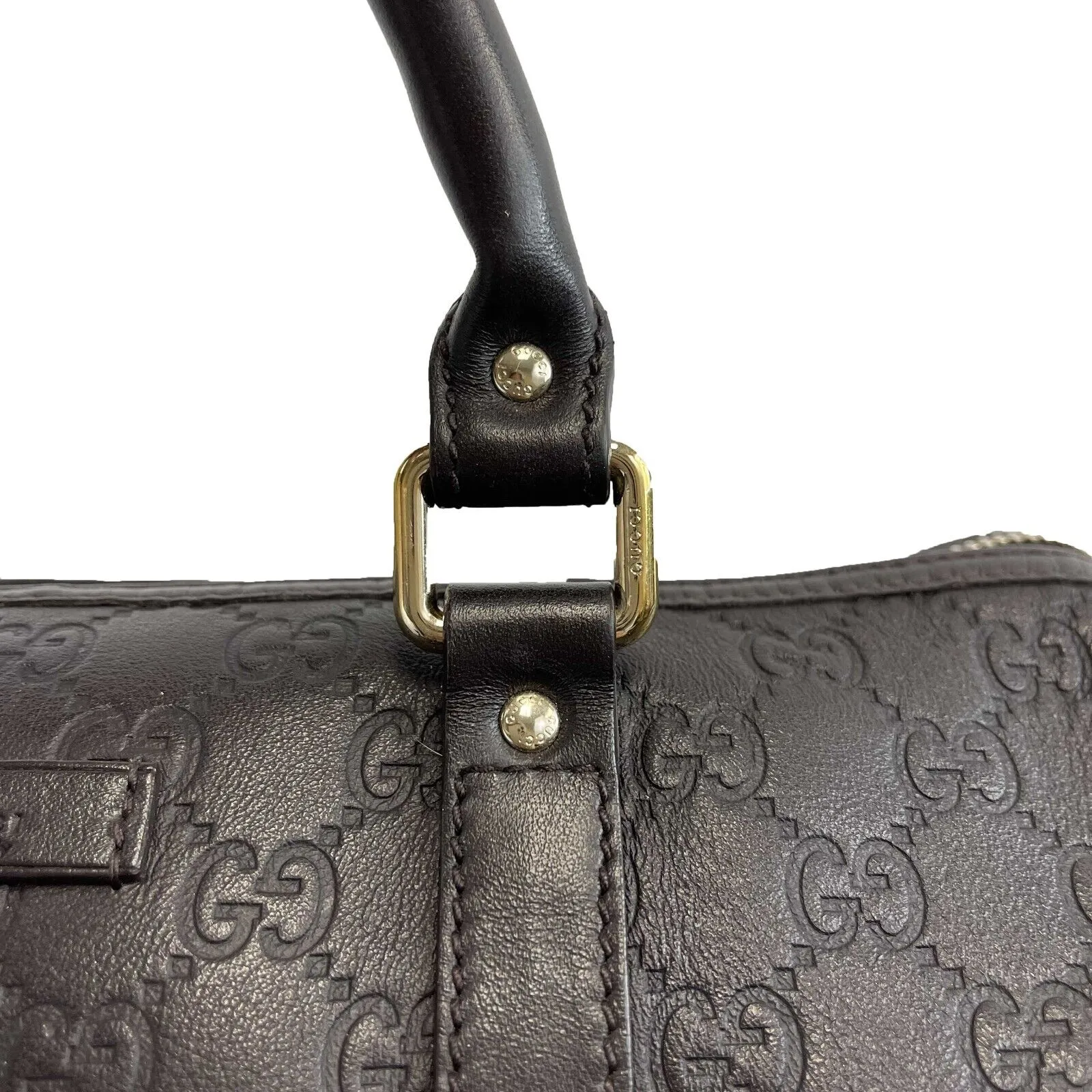 Gucci - Embossed Leather Monogram Speedy Medium Brown Top Handle Bag