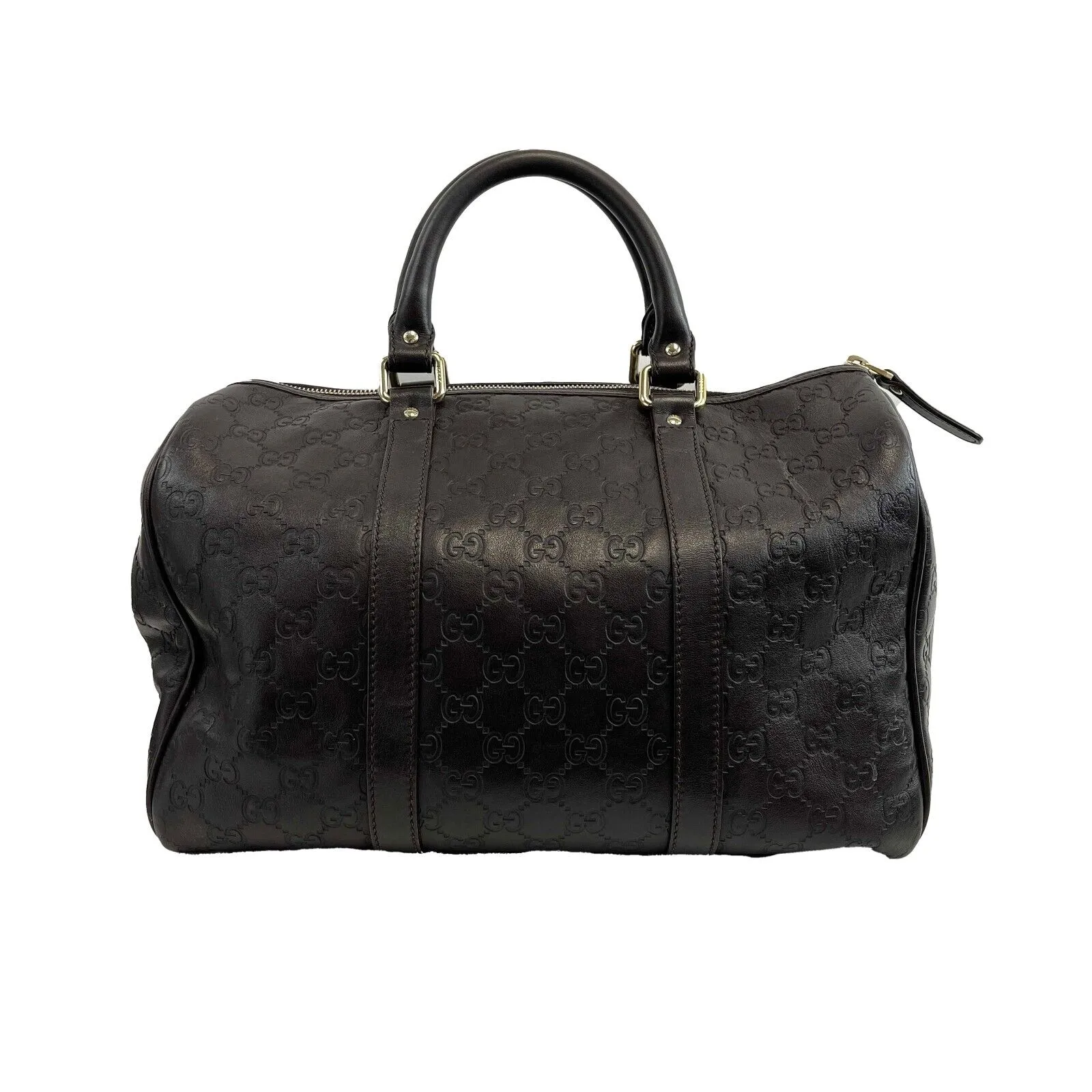 Gucci - Embossed Leather Monogram Speedy Medium Brown Top Handle Bag