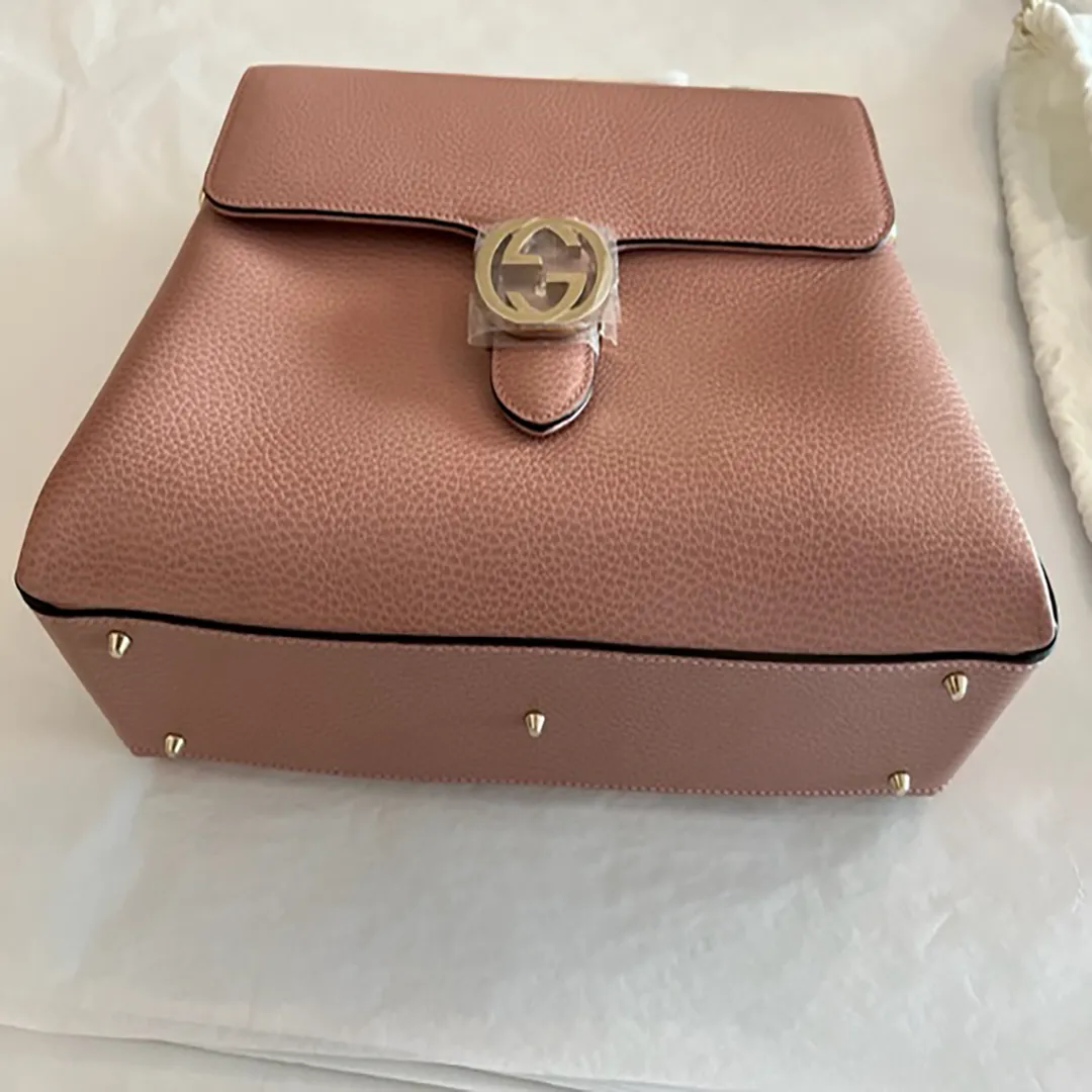 Gucci GG Interlocking Borsa Dollar Calf Pink Leather Shoulder Handbag Purse New