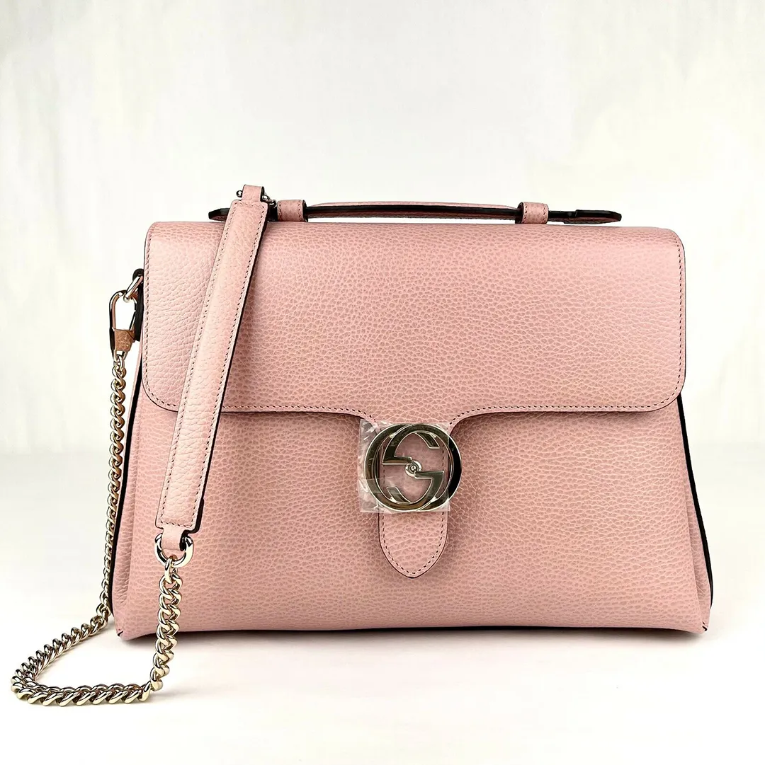 Gucci GG Interlocking Borsa Dollar Calf Pink Leather Shoulder Handbag Purse New