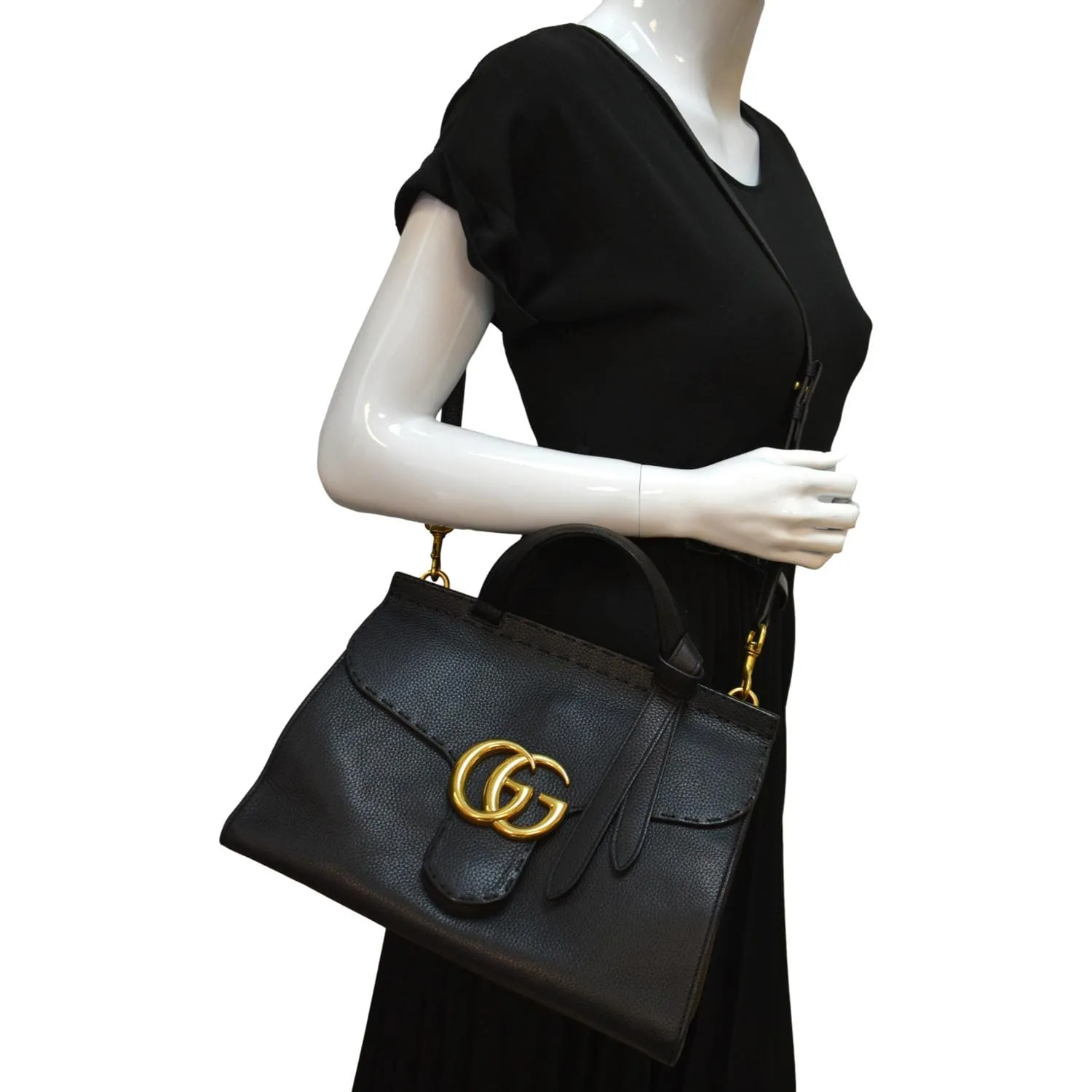 GUCCI GG Marmont Leather Top Handle Shoulder Bag Black 442622