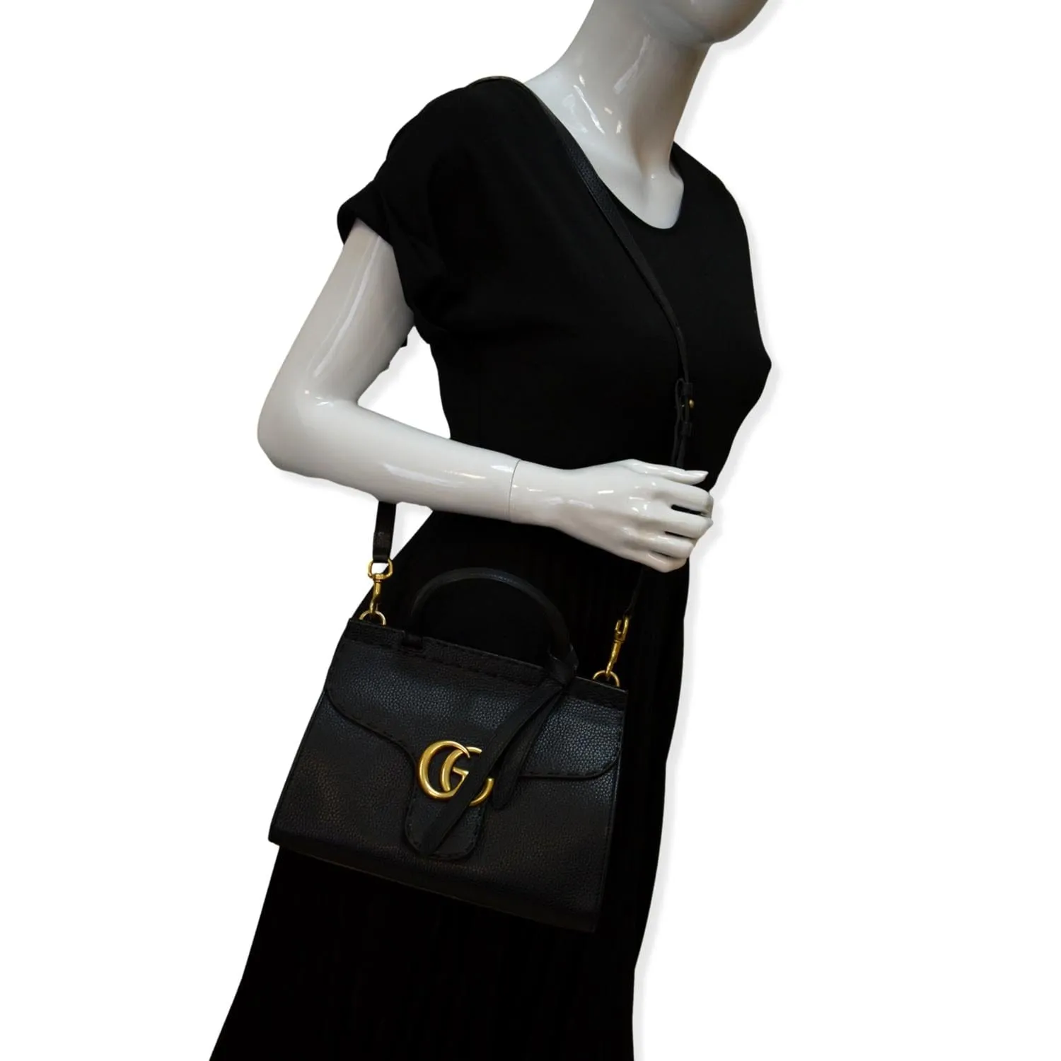 GUCCI GG Marmont Leather Top Handle Shoulder Bag Black 442622