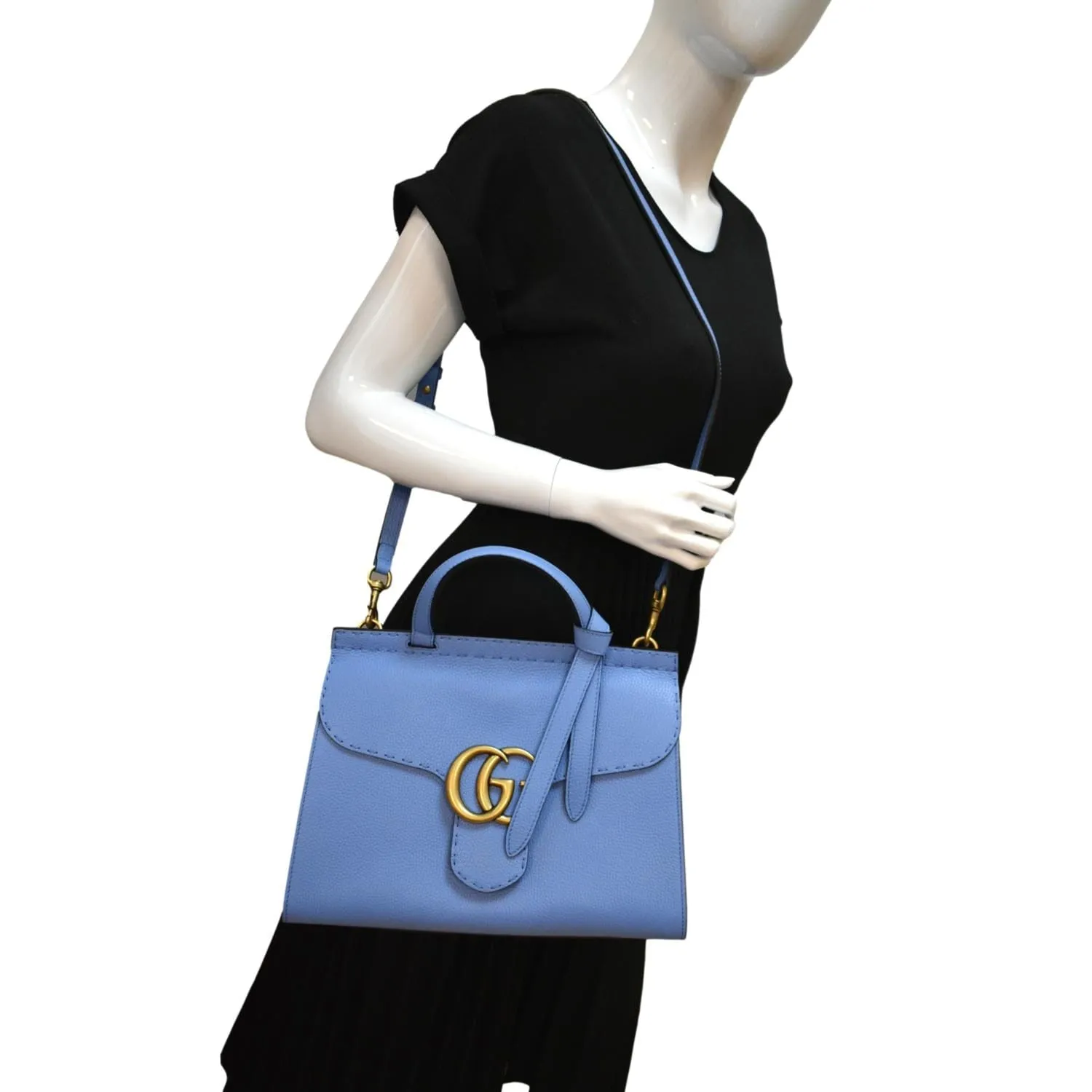 GUCCI GG Marmont Leather Top Handle Shoulder Bag Blue 421890