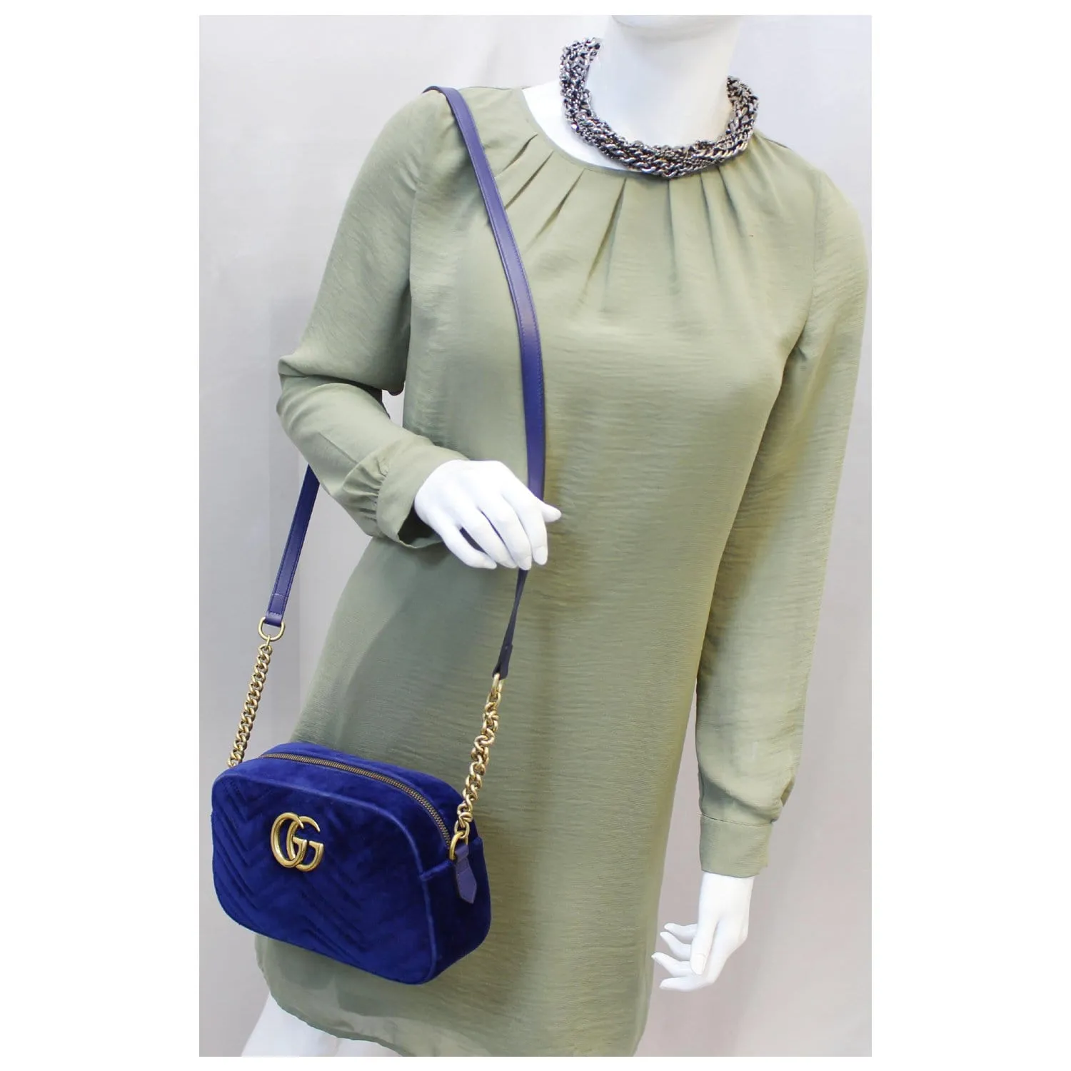 GUCCI GG Marmont Velvet Small Crossbody Bag Blue