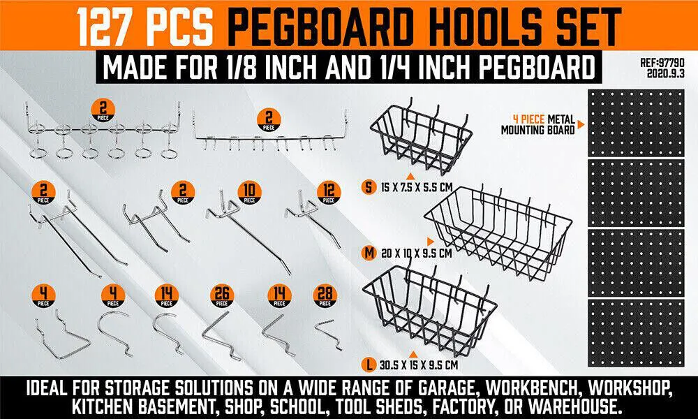 HORUSDY 127Pc Pegboard Hooks Organizer Set - Versatile Tool Storage with Baskets and Hangers, for 1/8" & 1/4" Pegboards, Ideal for Garage and Workshop