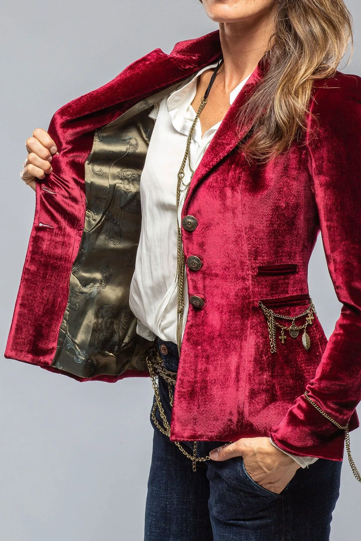 Mariane Rock Jkt In Wine Velvet W/ Gold Chain Details