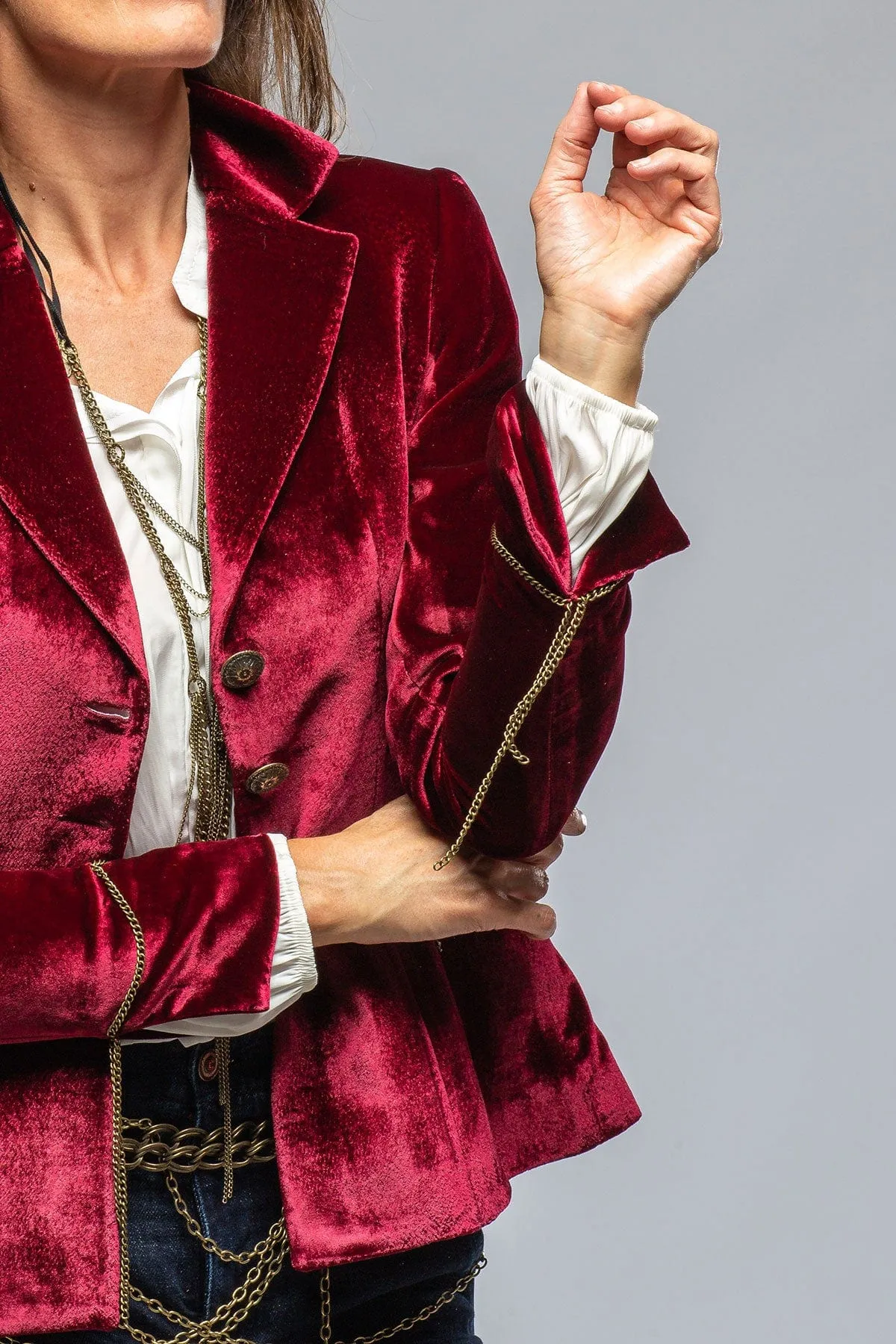 Mariane Rock Jkt In Wine Velvet W/ Gold Chain Details