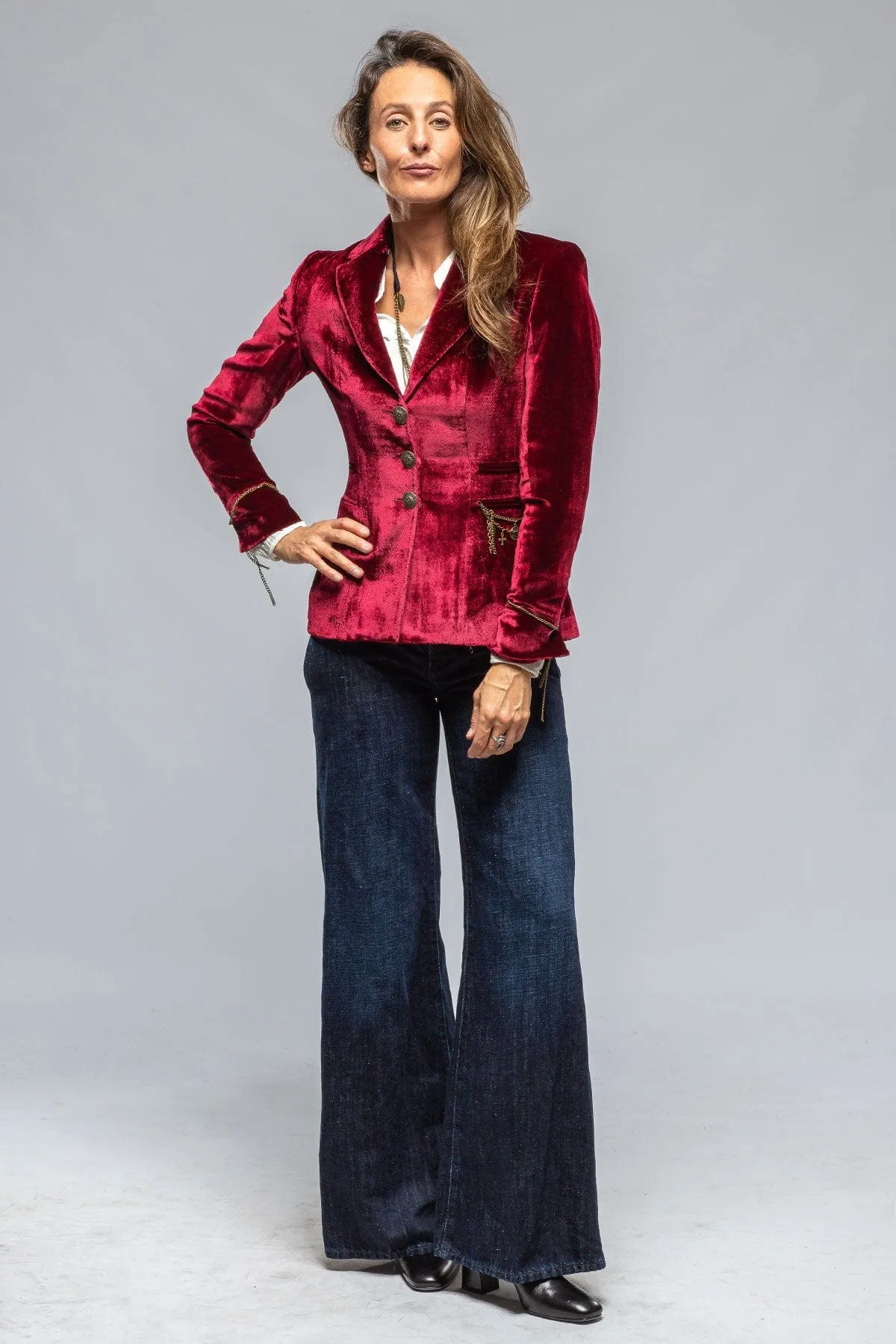 Mariane Rock Jkt In Wine Velvet W/ Gold Chain Details