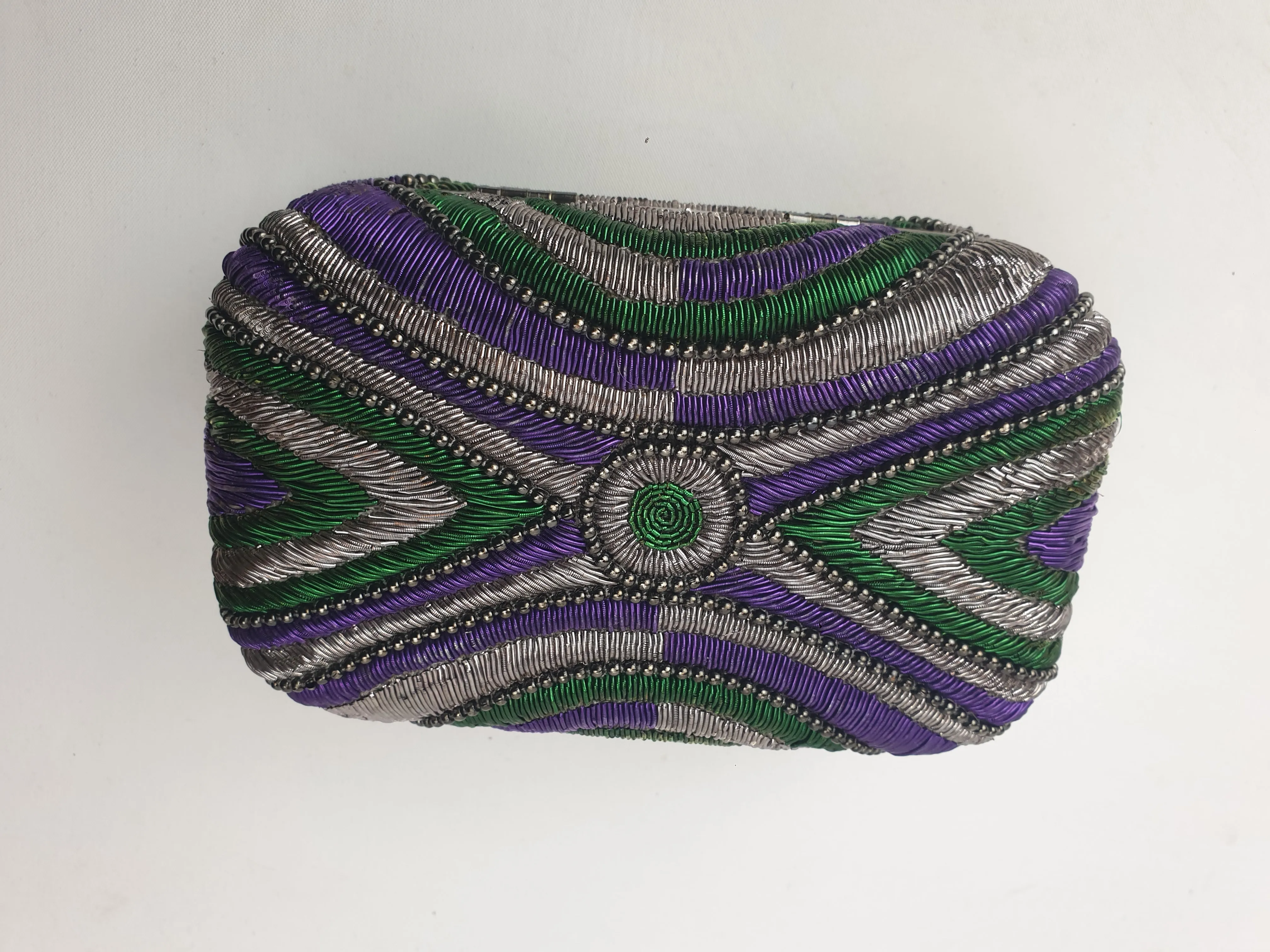 Mimco purple, green and silver "Guernica box clutch"