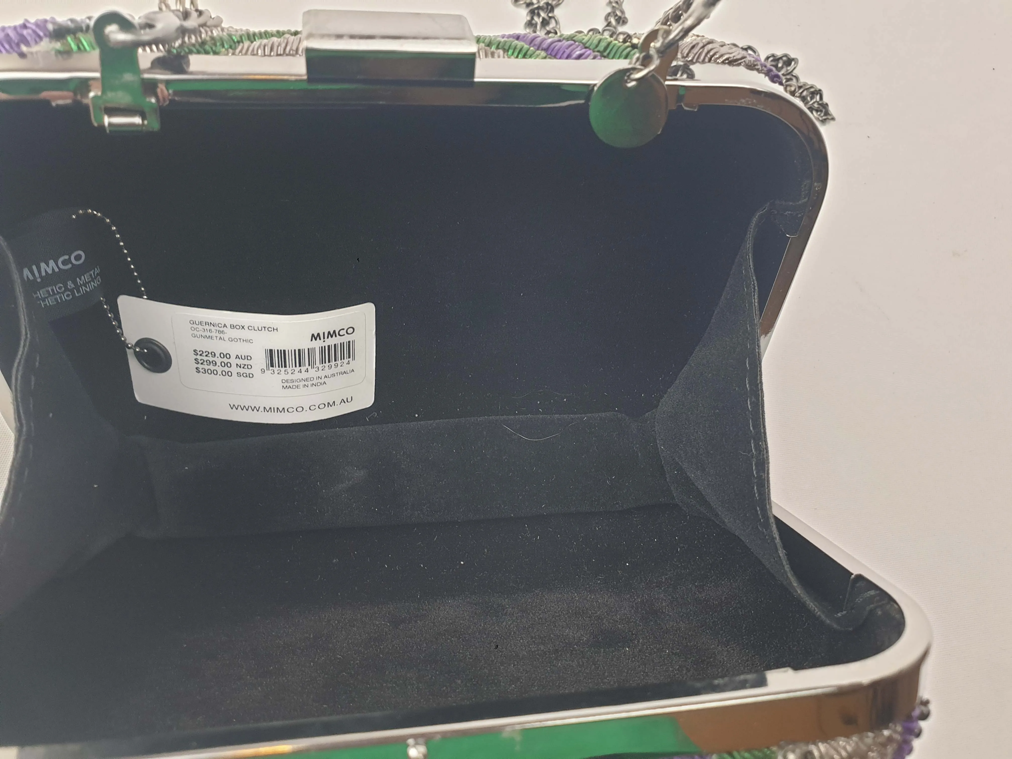 Mimco purple, green and silver "Guernica box clutch"
