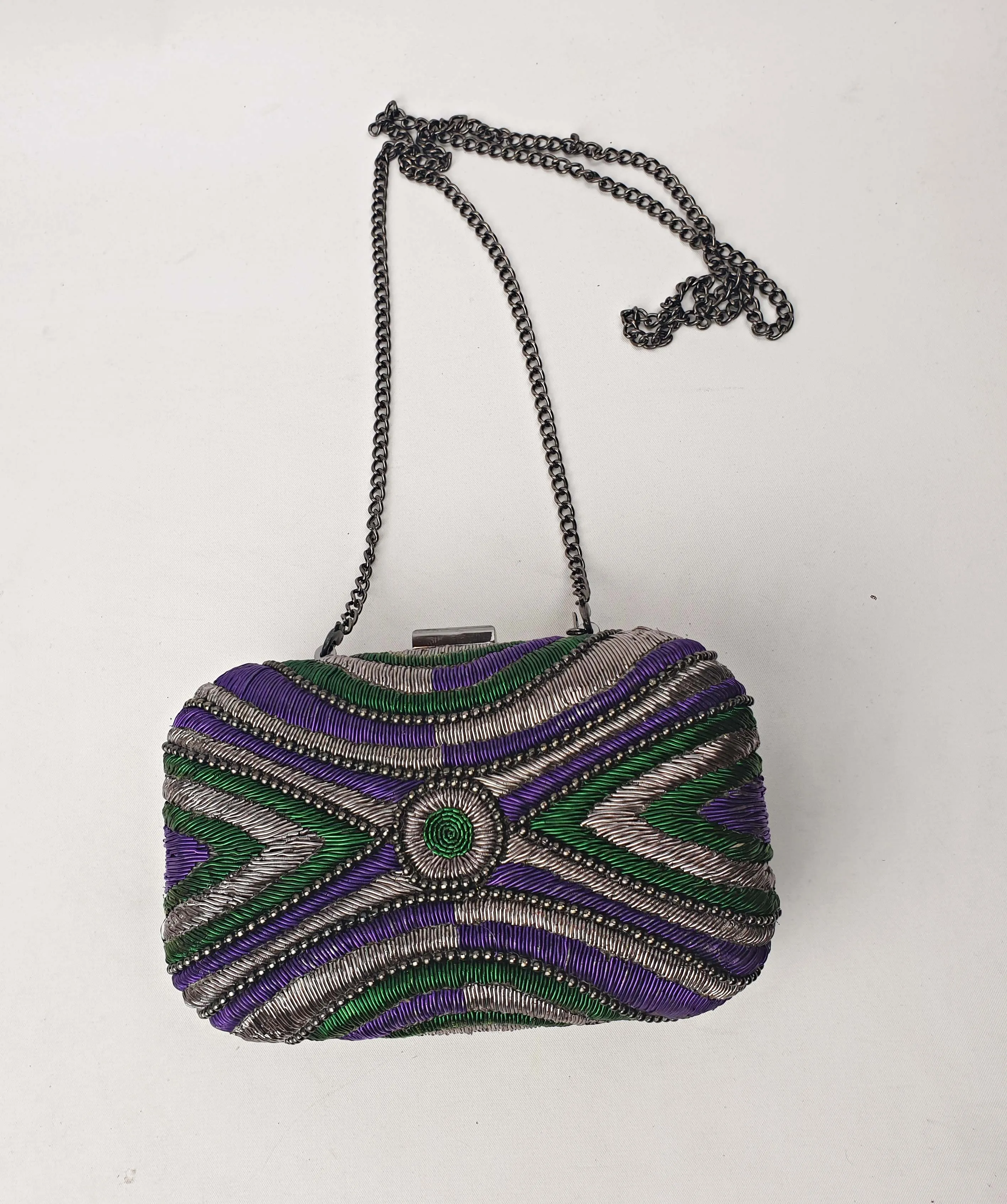 Mimco purple, green and silver "Guernica box clutch"