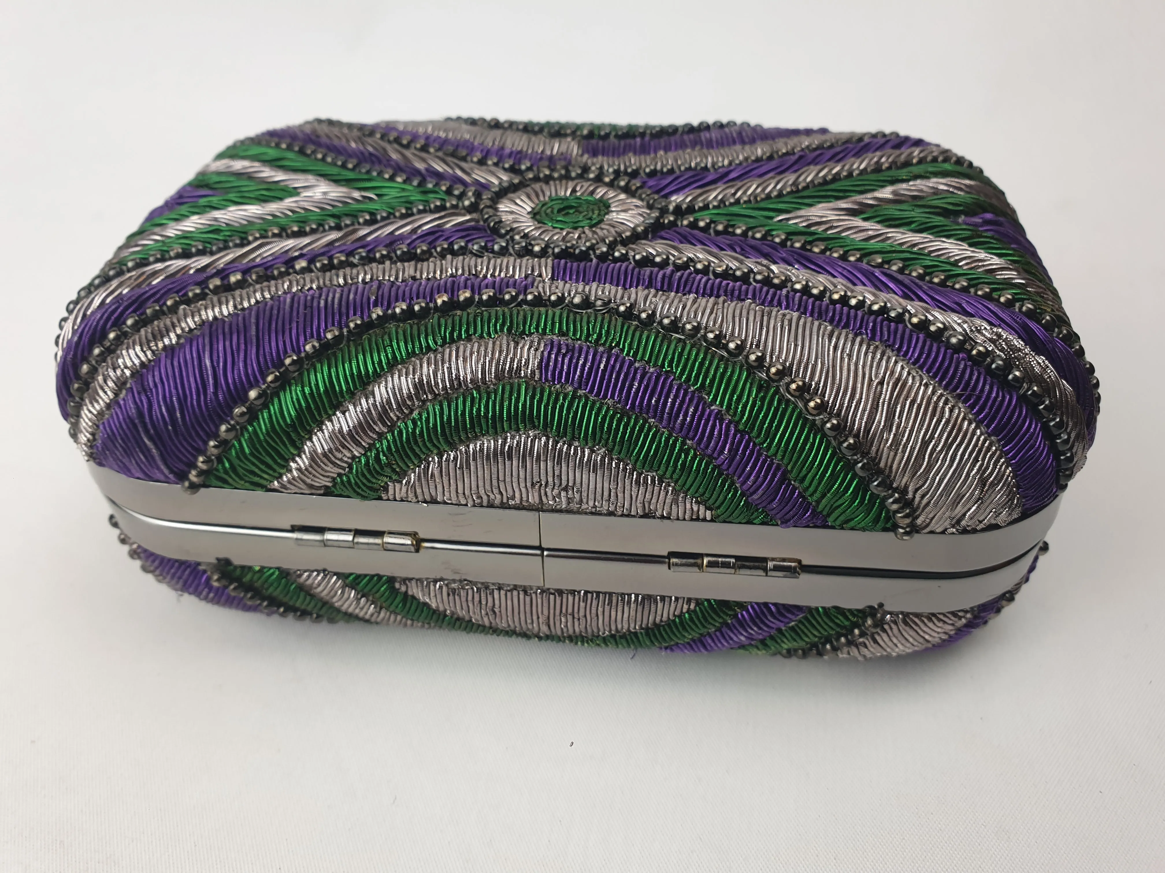 Mimco purple, green and silver "Guernica box clutch"