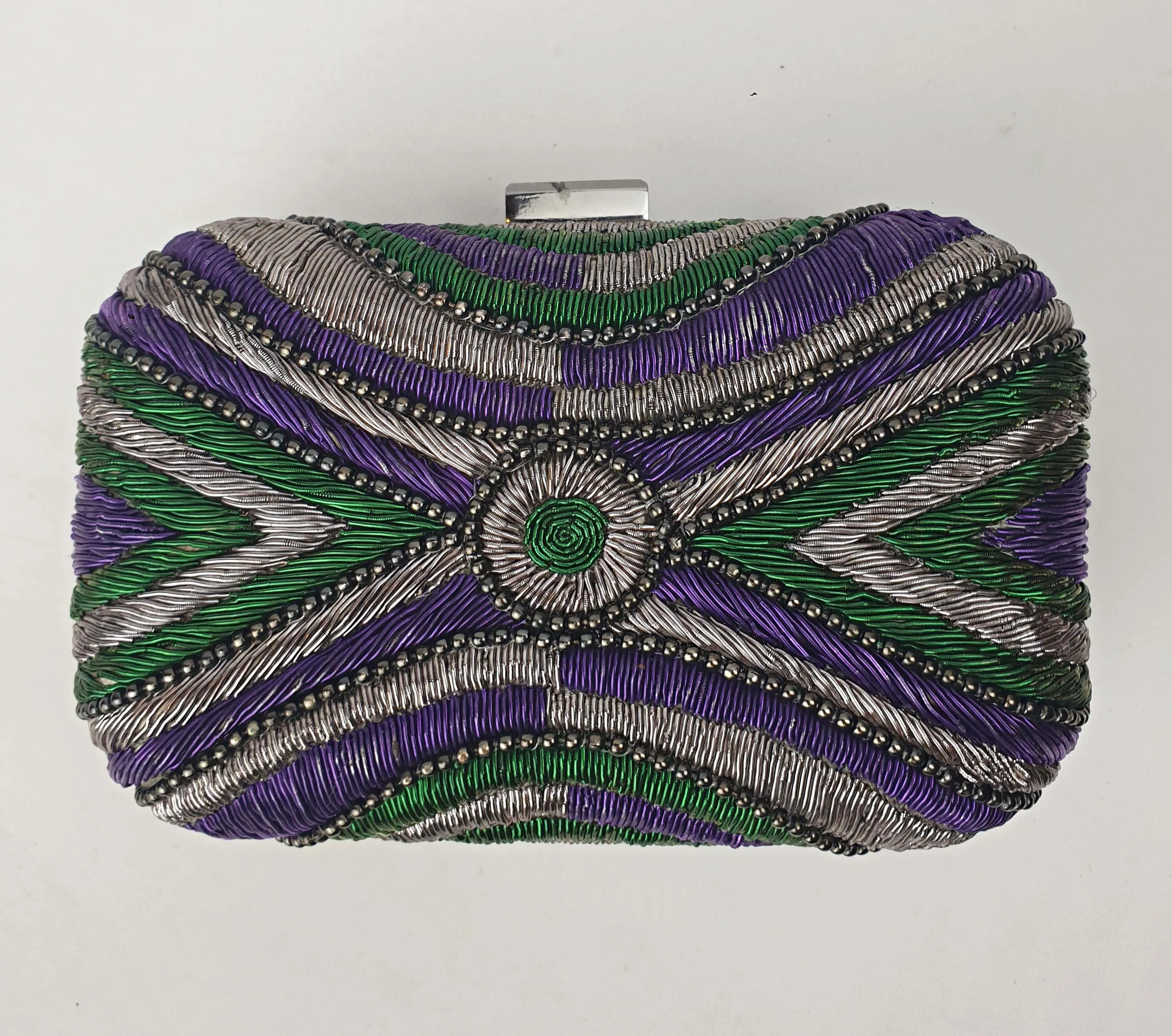 Mimco purple, green and silver "Guernica box clutch"