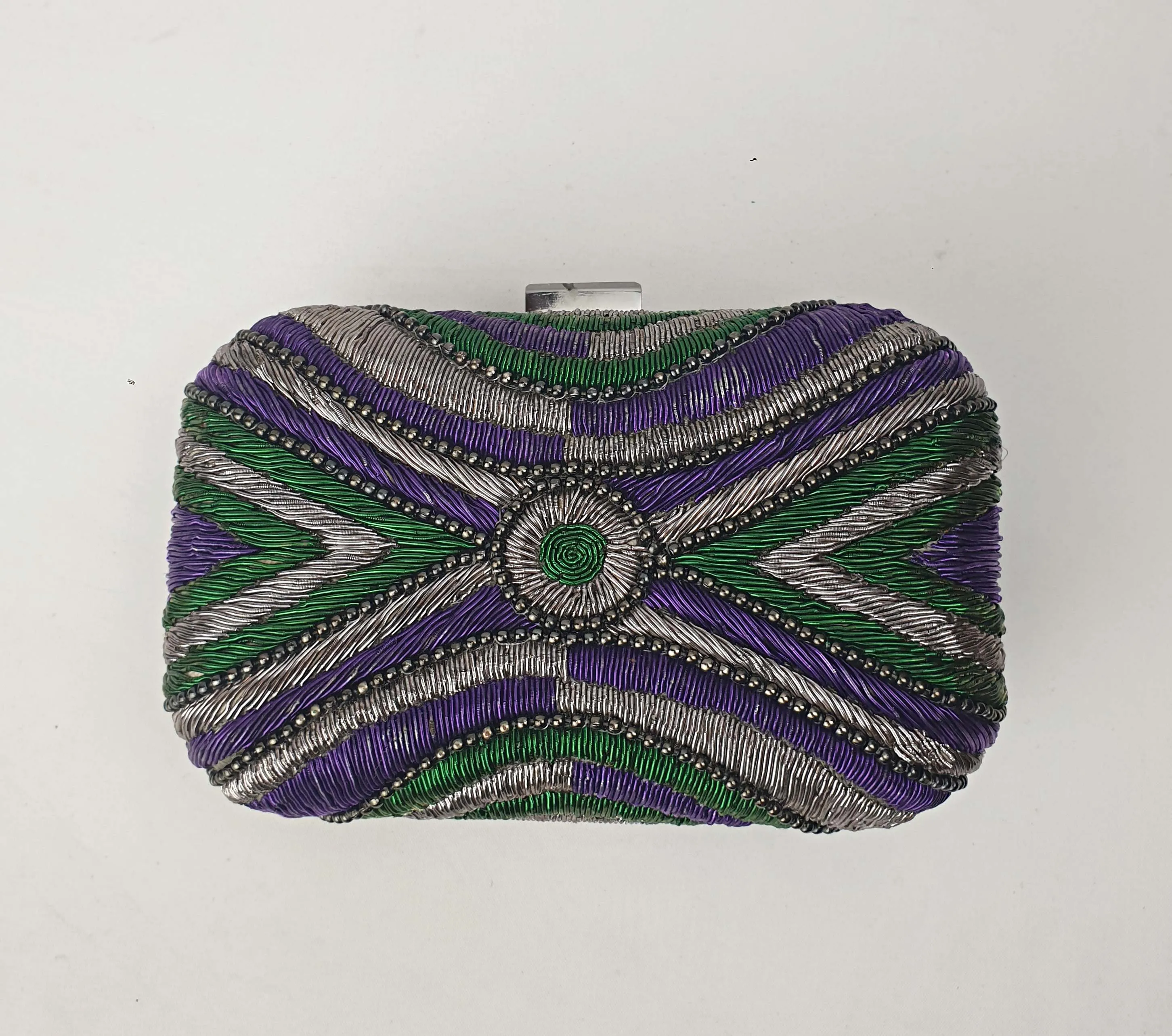 Mimco purple, green and silver "Guernica box clutch"