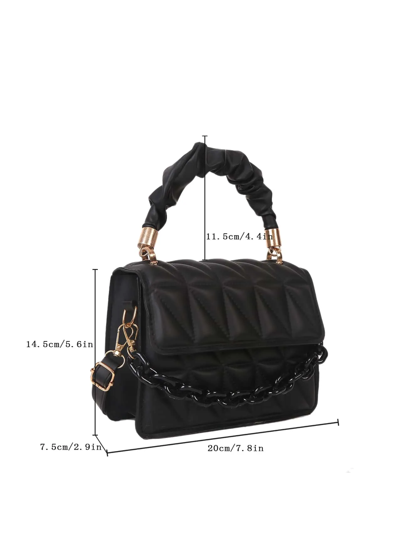 Mini Chain Decor Ruched Top Handle Quilted Flap Square Bag - Black