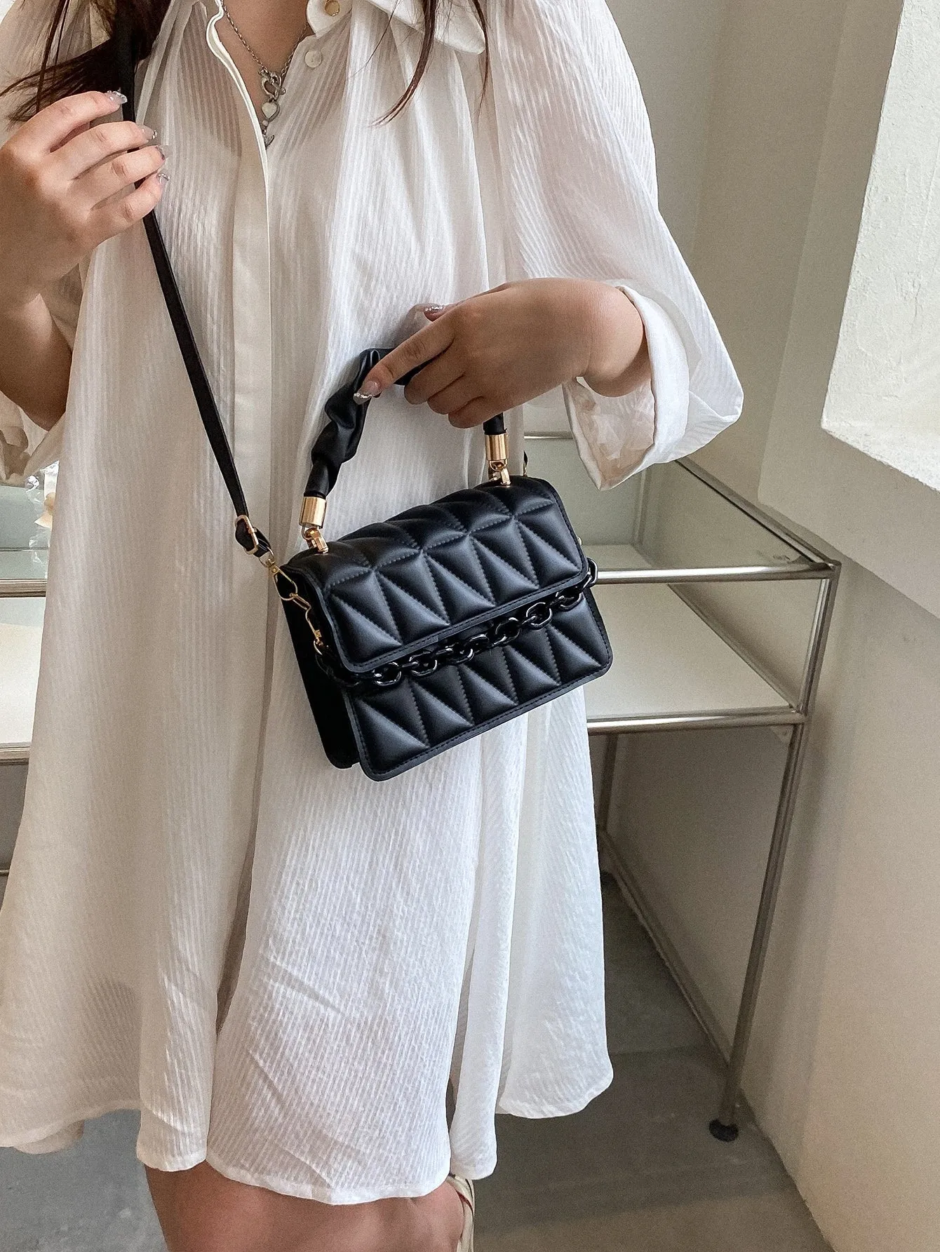 Mini Chain Decor Ruched Top Handle Quilted Flap Square Bag - Black