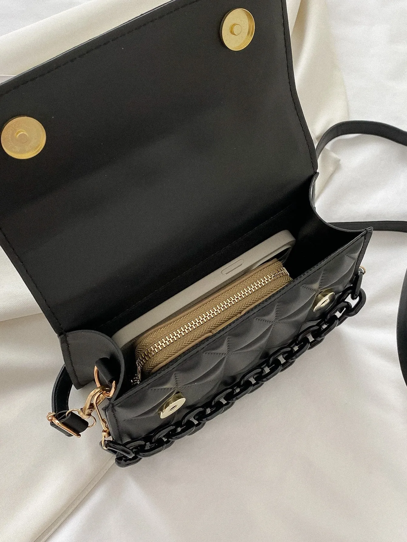 Mini Chain Decor Ruched Top Handle Quilted Flap Square Bag - Black