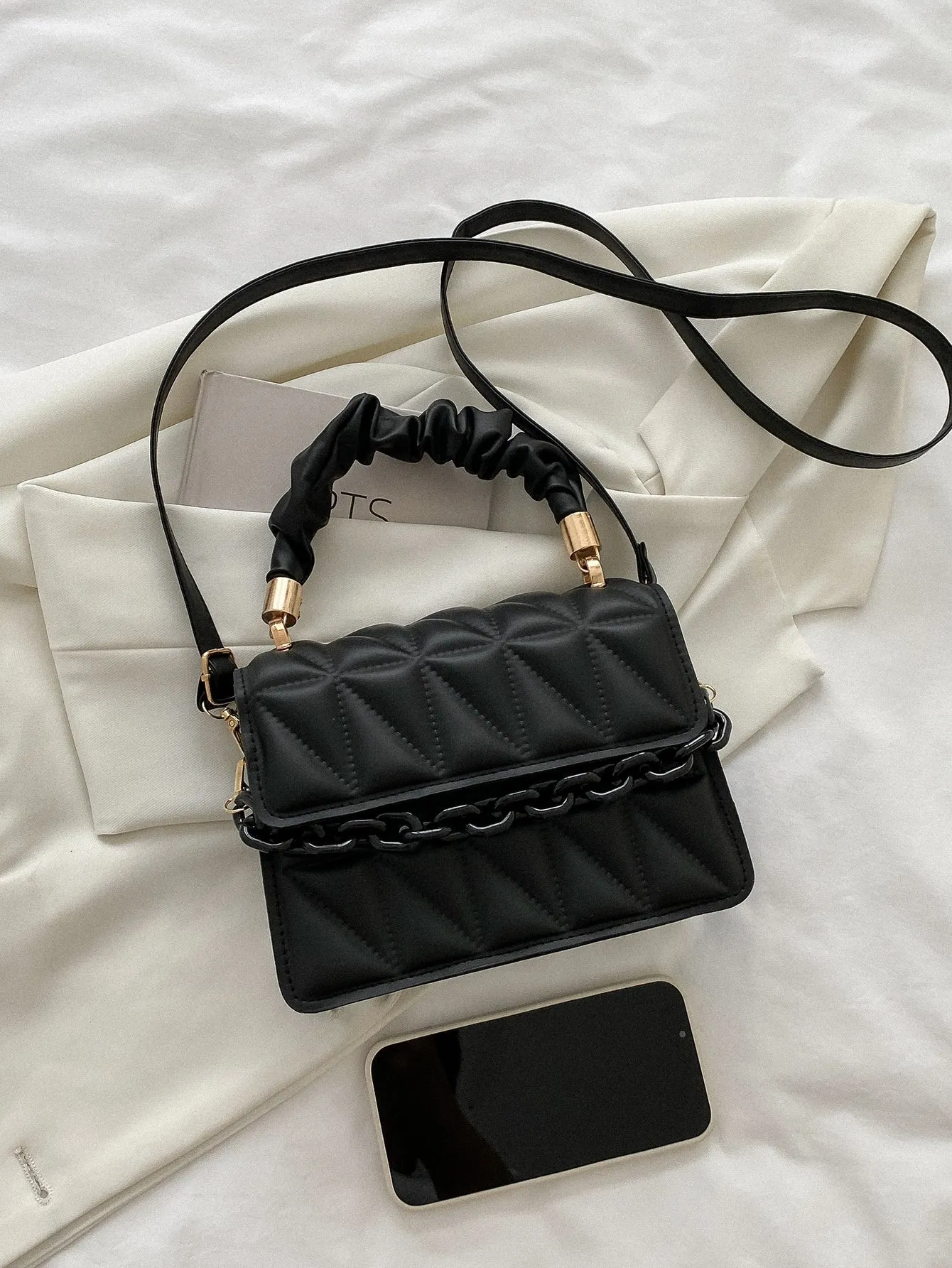 Mini Chain Decor Ruched Top Handle Quilted Flap Square Bag - Black