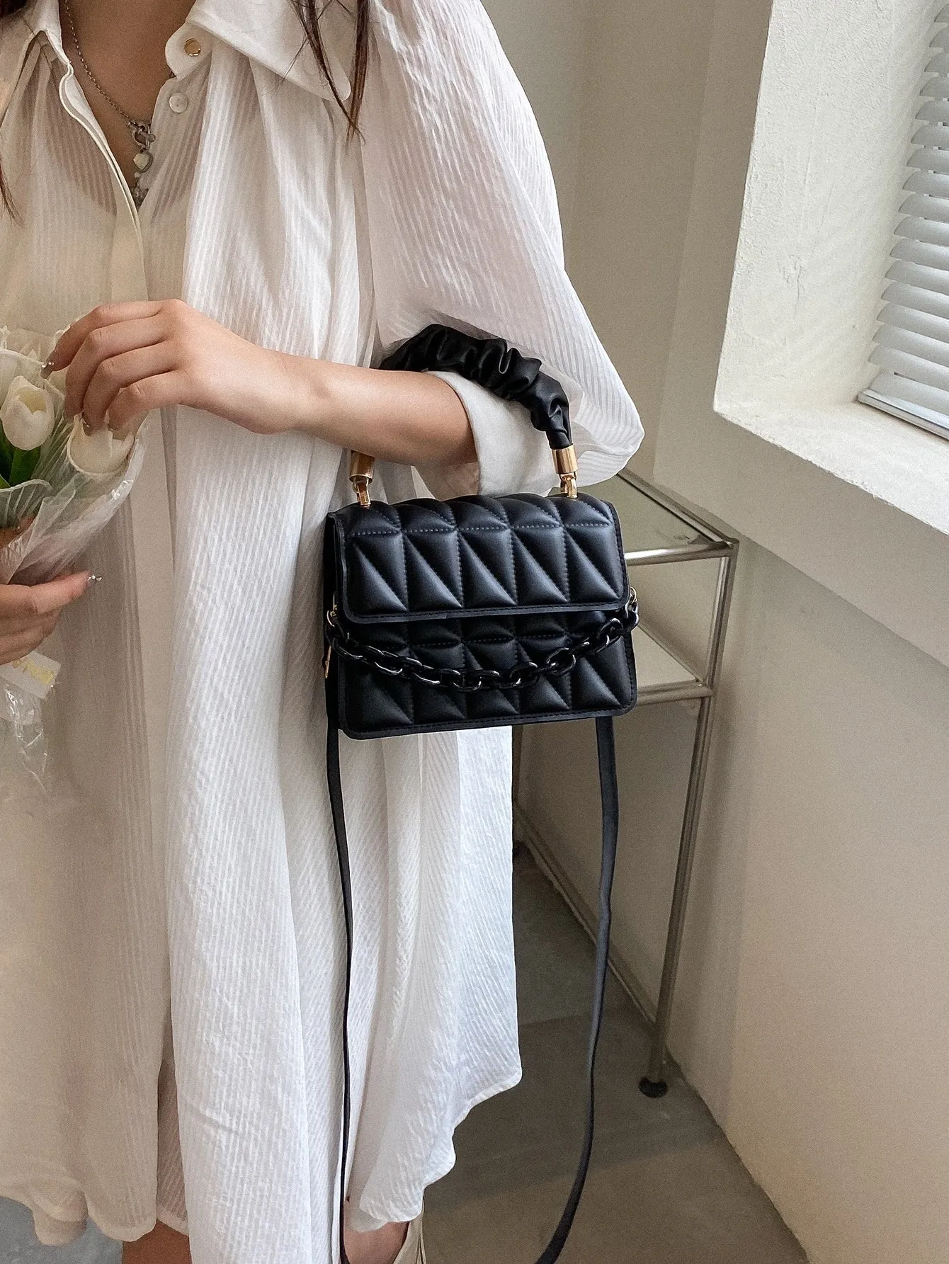 Mini Chain Decor Ruched Top Handle Quilted Flap Square Bag - Black