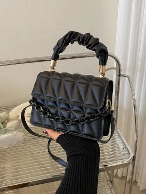 Mini Chain Decor Ruched Top Handle Quilted Flap Square Bag - Black
