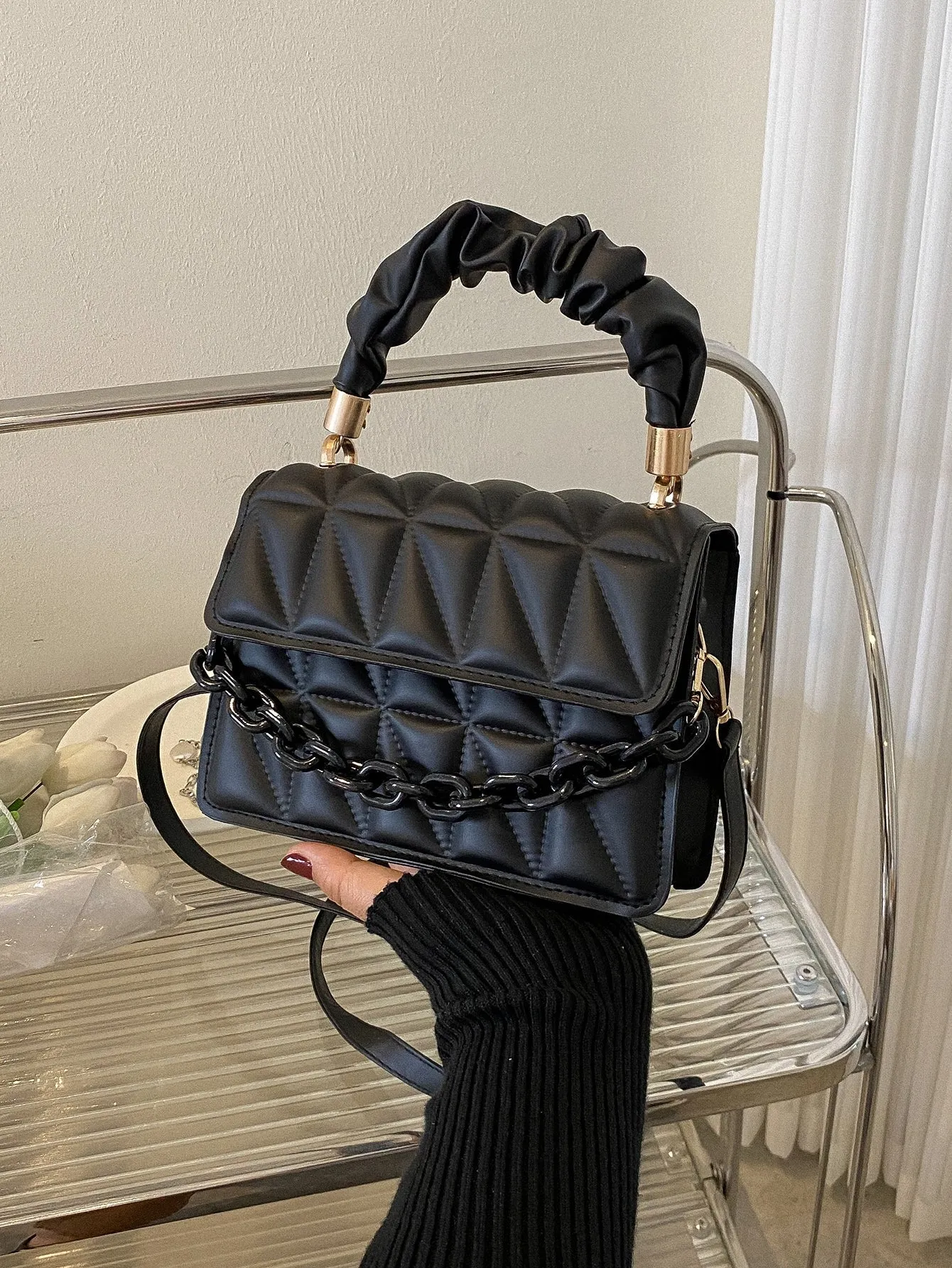 Mini Chain Decor Ruched Top Handle Quilted Flap Square Bag - Black