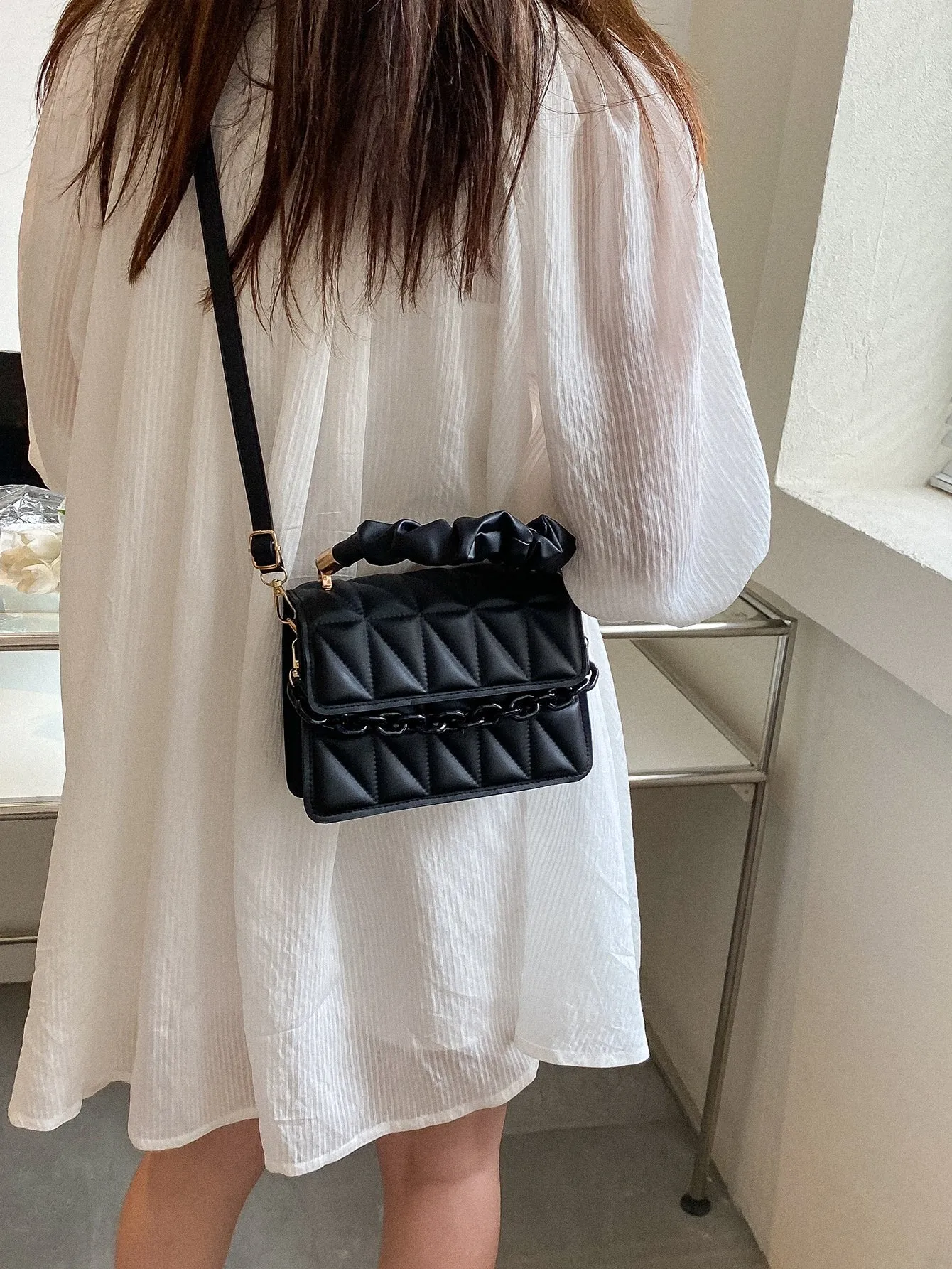 Mini Chain Decor Ruched Top Handle Quilted Flap Square Bag - Black