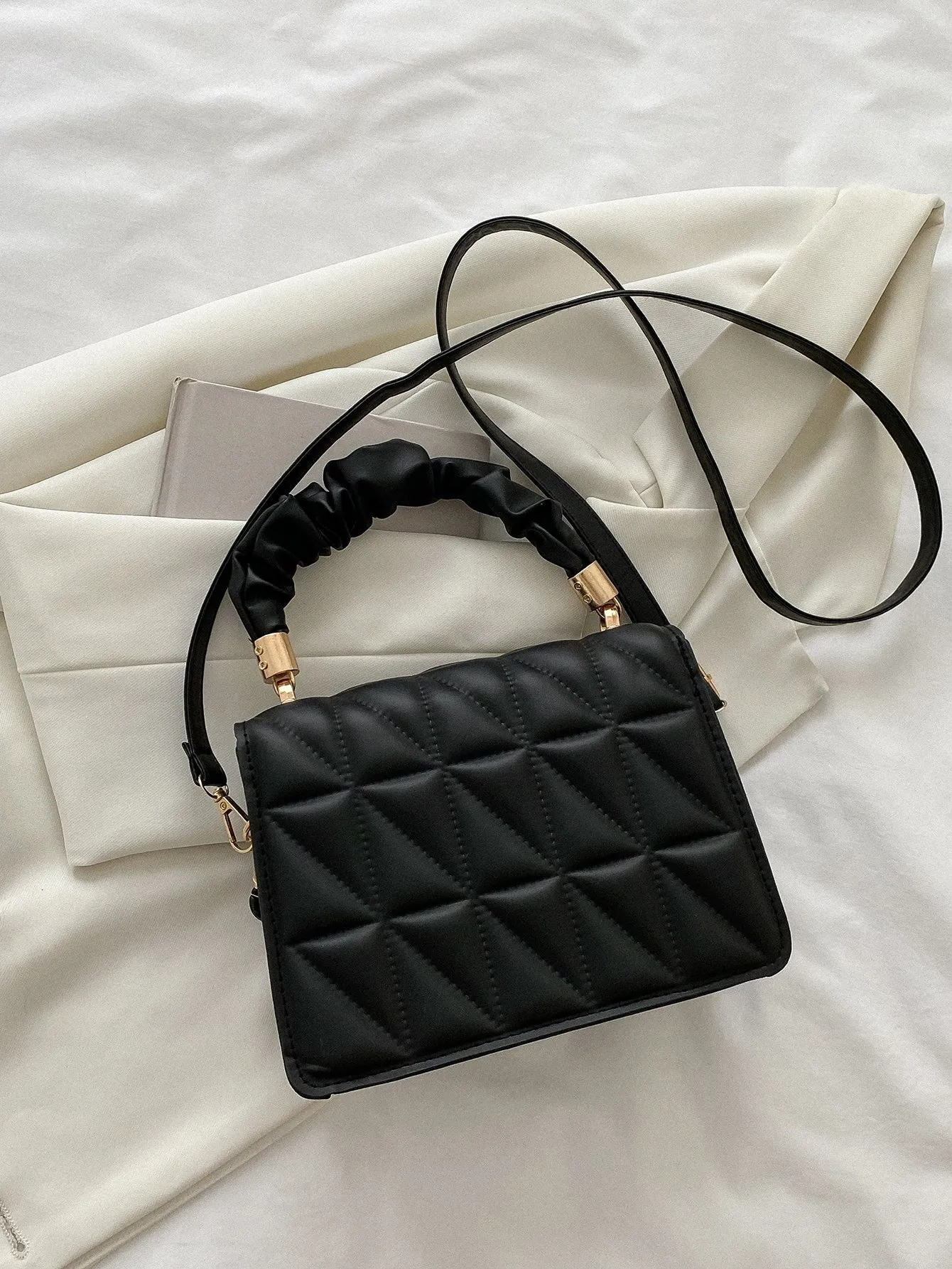 Mini Chain Decor Ruched Top Handle Quilted Flap Square Bag - Black