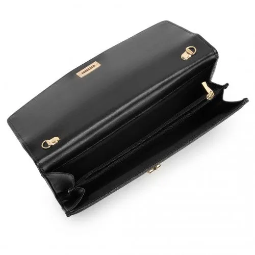 Miss Lulu Elegant Flap Clutch Leather Chain Evening Bag -Black
