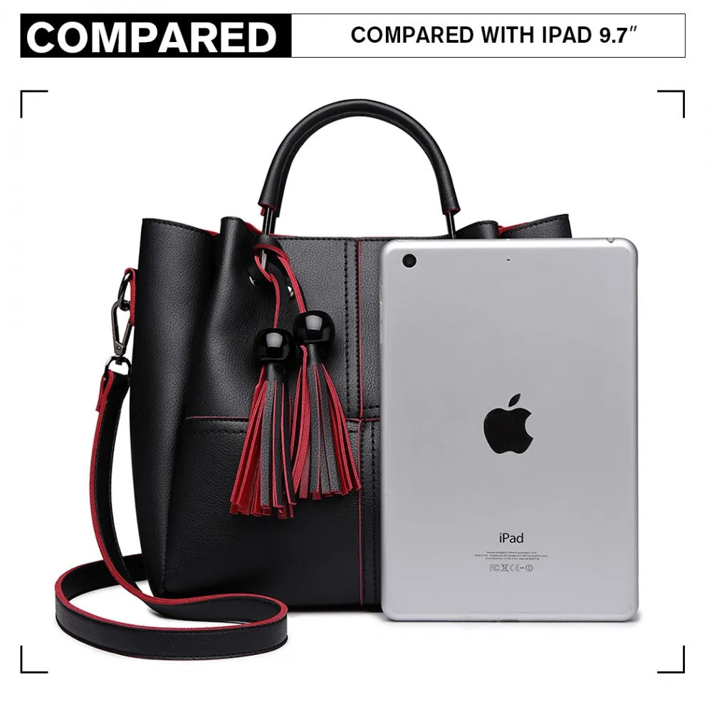 Miss Lulu Leather Look 2 In 1 Bucket Handbag - Black