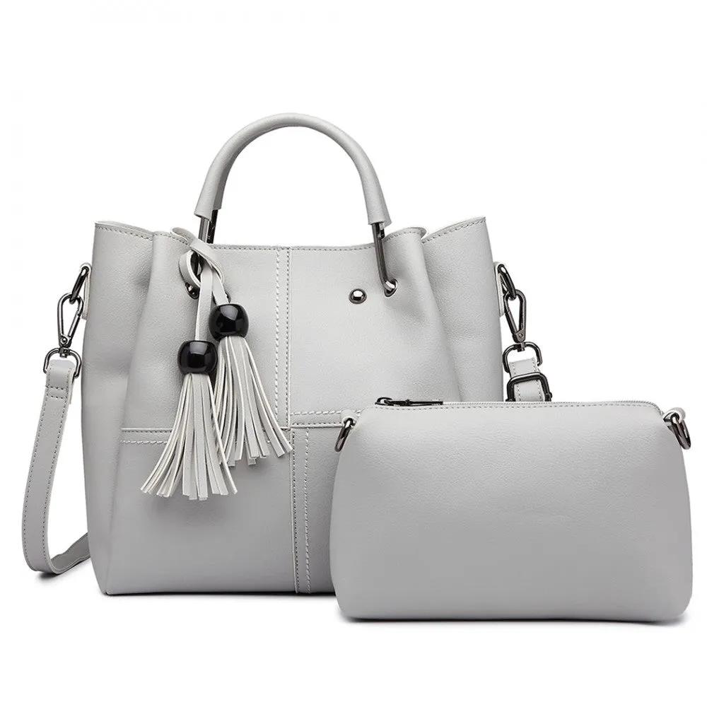 Miss Lulu Leather Look 2 In 1 Bucket Handbag - Grey