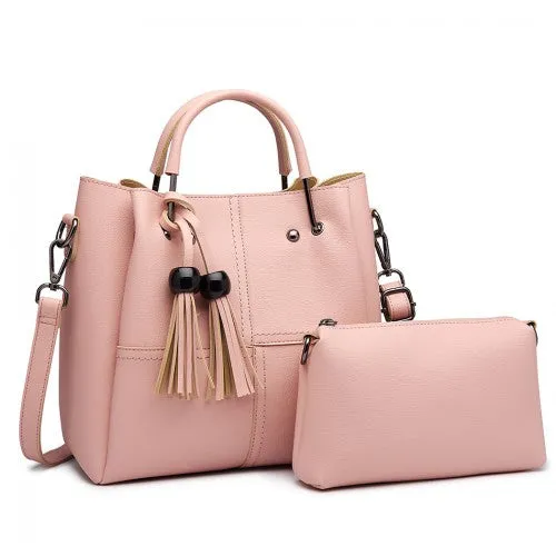 Miss Lulu Leather Look 2 In 1 Bucket Handbag - Pink