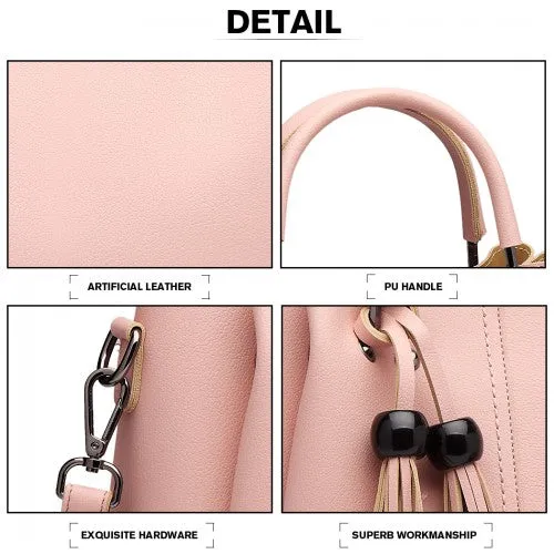 Miss Lulu Leather Look 2 In 1 Bucket Handbag - Pink