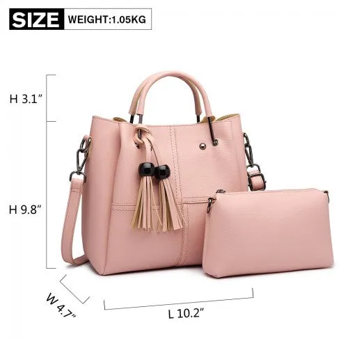 Miss Lulu Leather Look 2 In 1 Bucket Handbag - Pink