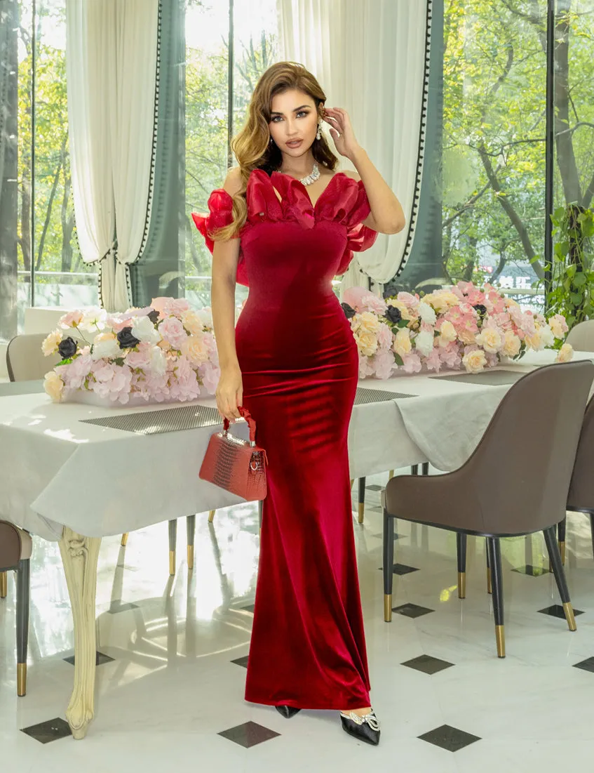 Off Shoulder Bowknot Maxi Velvet Dress