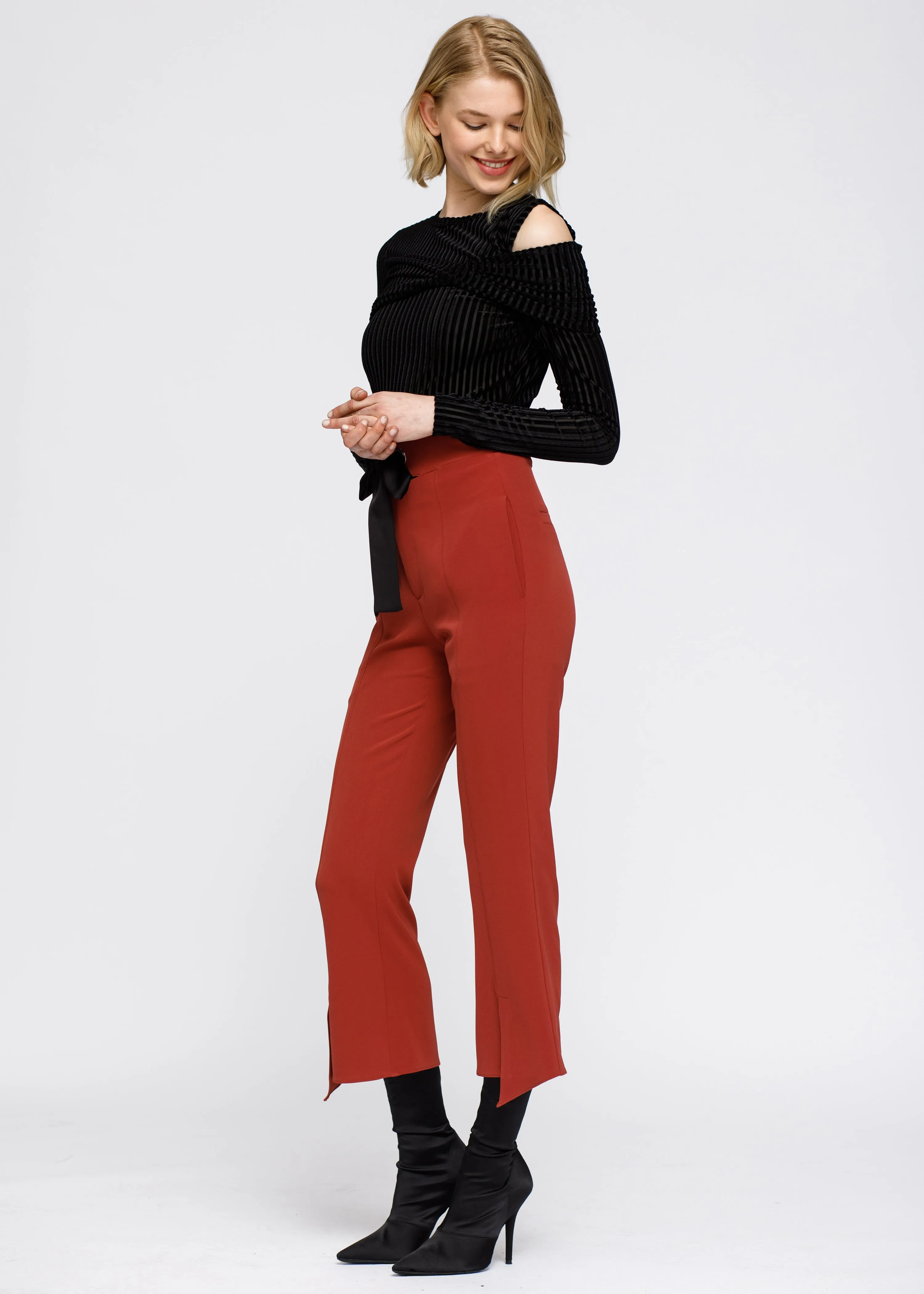 Open Shoulder Stripe Velvet Top by Shop at Konus