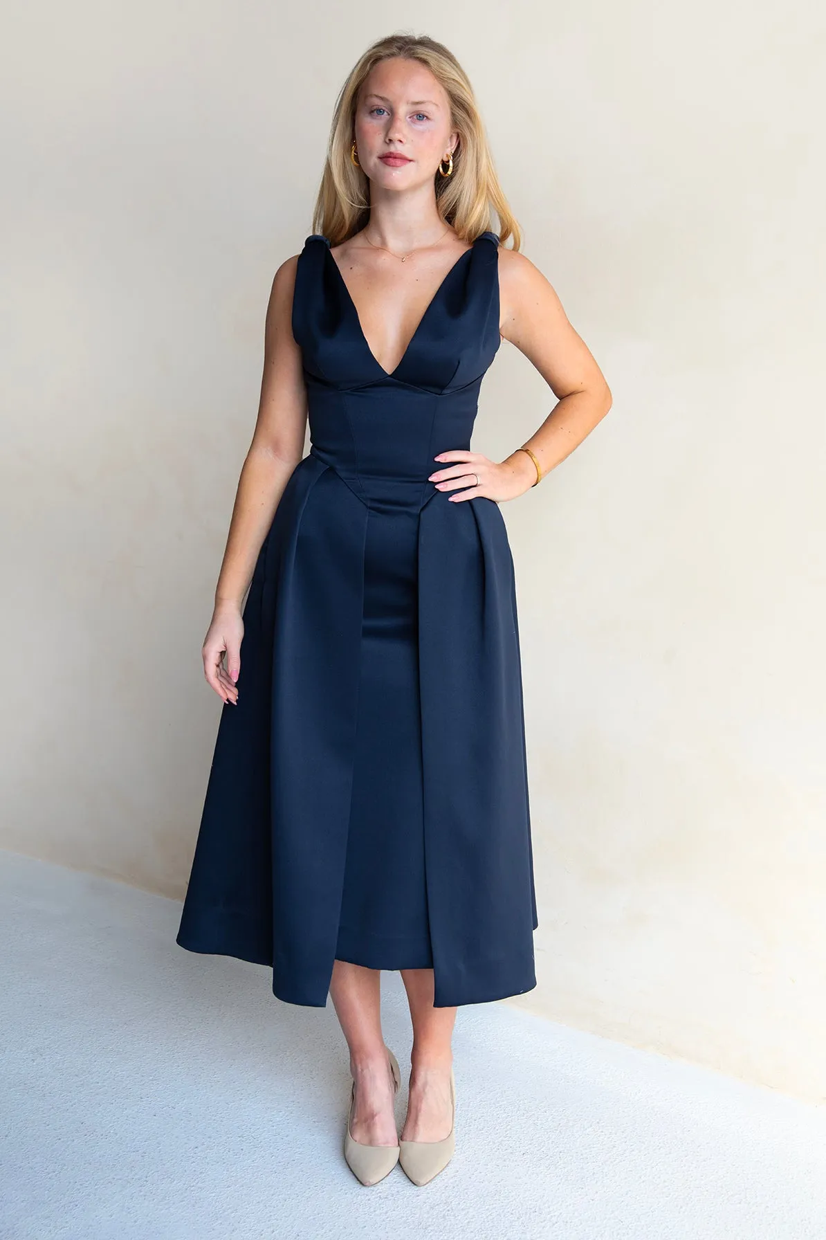 Paloma Midnight Satin Midi Dress by House of CB- RENTAL