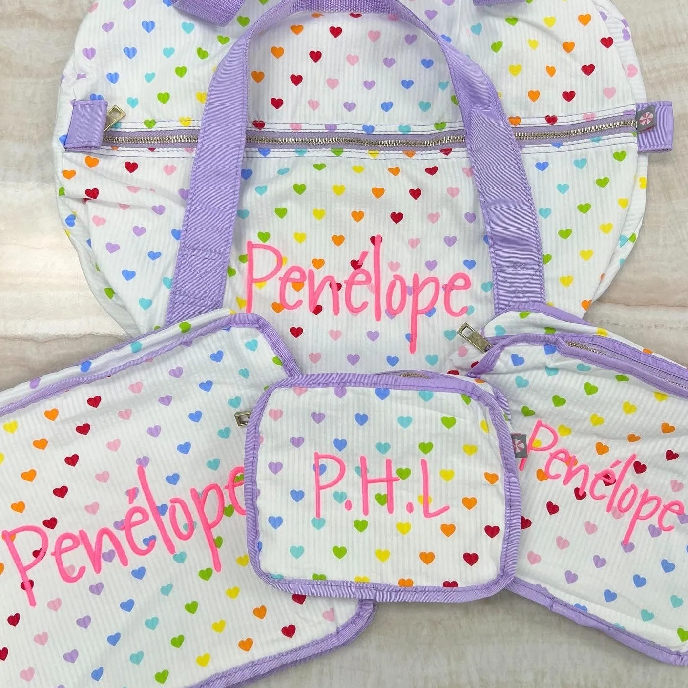 Personalized Seersucker Tiny Hearts Duffel Bag