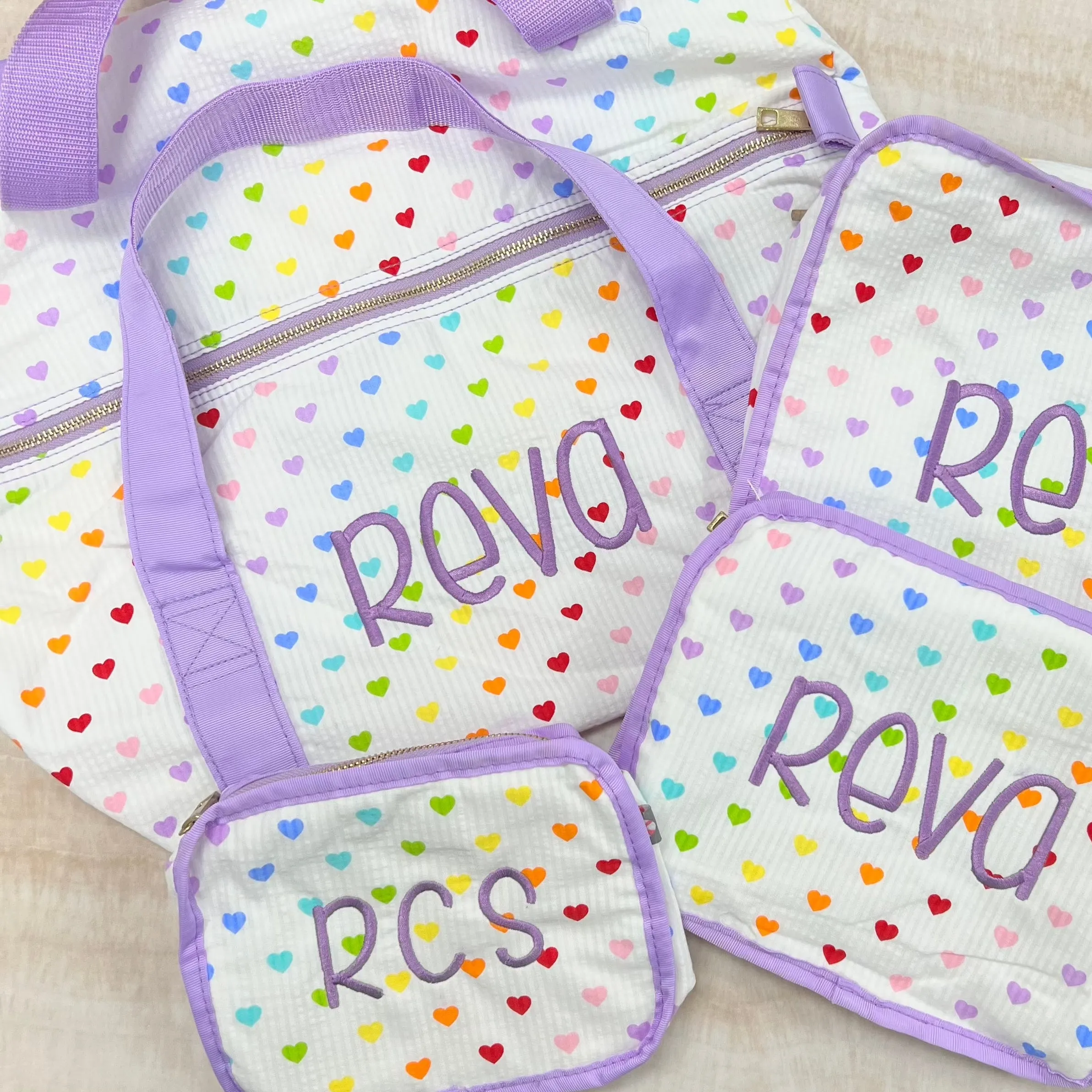 Personalized Seersucker Tiny Hearts Duffel Bag