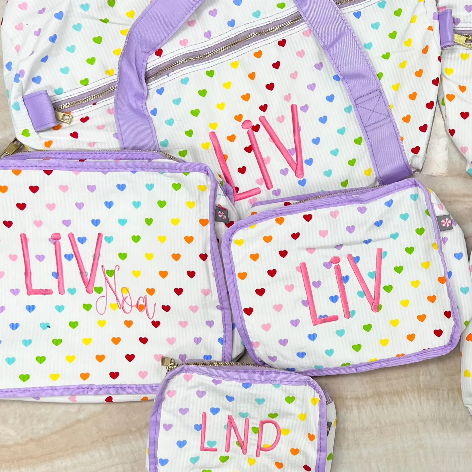 Personalized Seersucker Tiny Hearts Duffel Bag