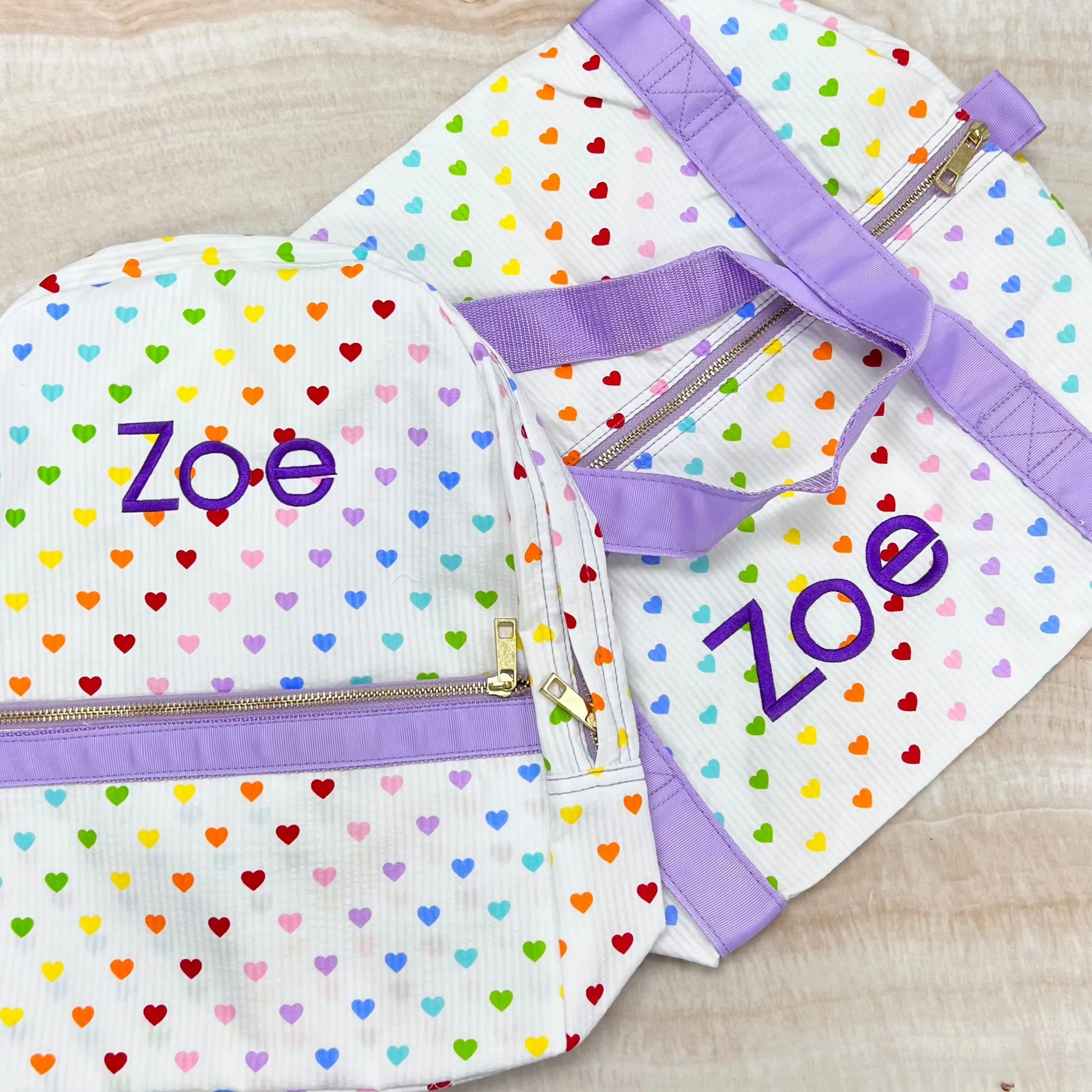 Personalized Seersucker Tiny Hearts Duffel Bag