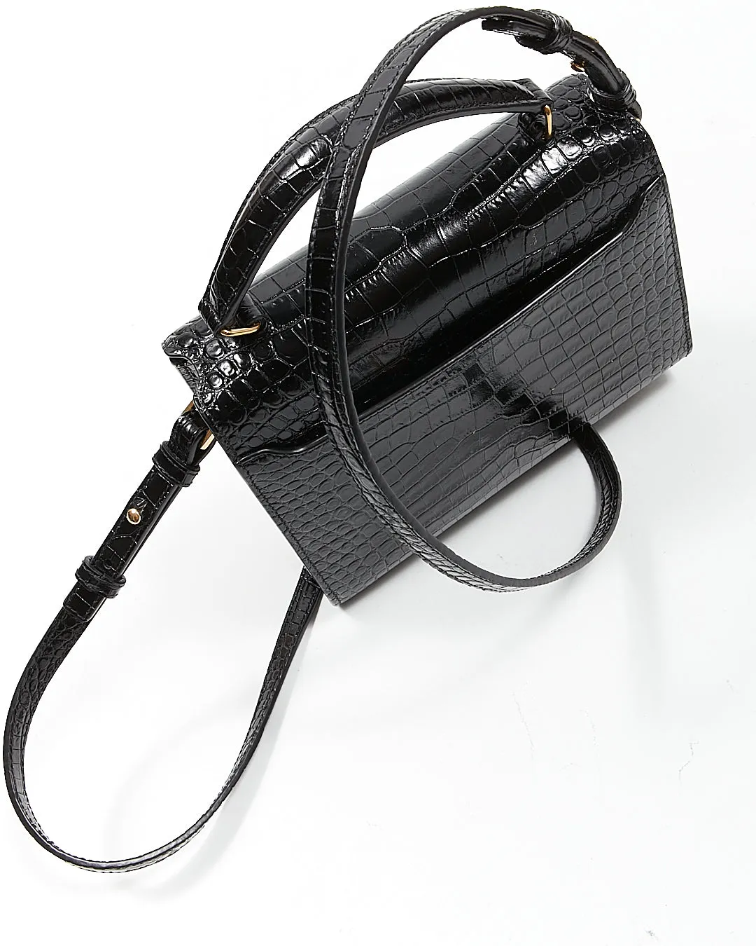 Saint Laurent Black Croc Embossed Cassandra Top Handle Bag