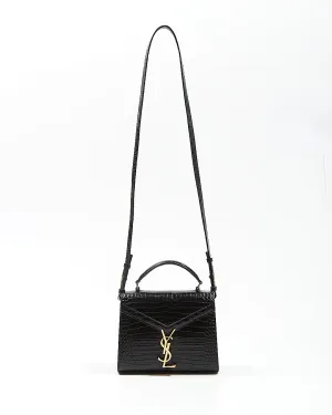 Saint Laurent Black Croc Embossed Cassandra Top Handle Bag