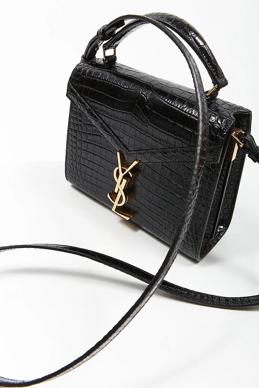 Saint Laurent Black Croc Embossed Cassandra Top Handle Bag